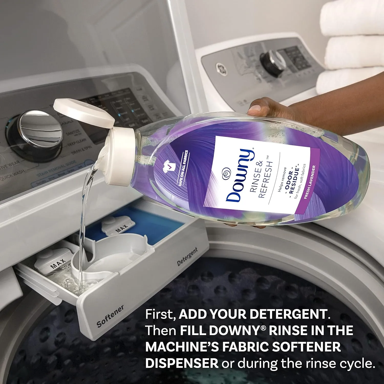 Downy RINSE & REFRESH Laundry Odor Remover and Fabric Softener, Safe on ALL Fabrics, Gentle on Skin, HE Compatible, Fresh Lavender, 48 fl oz (192 fl oz total)