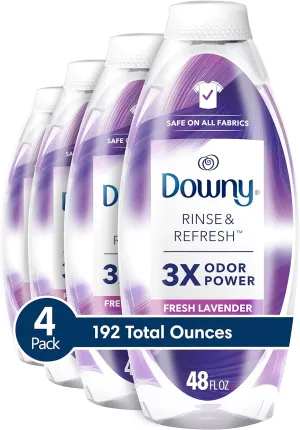 Downy RINSE & REFRESH Laundry Odor Remover and Fabric Softener, Safe on ALL Fabrics, Gentle on Skin, HE Compatible, Fresh Lavender, 48 fl oz (192 fl oz total)