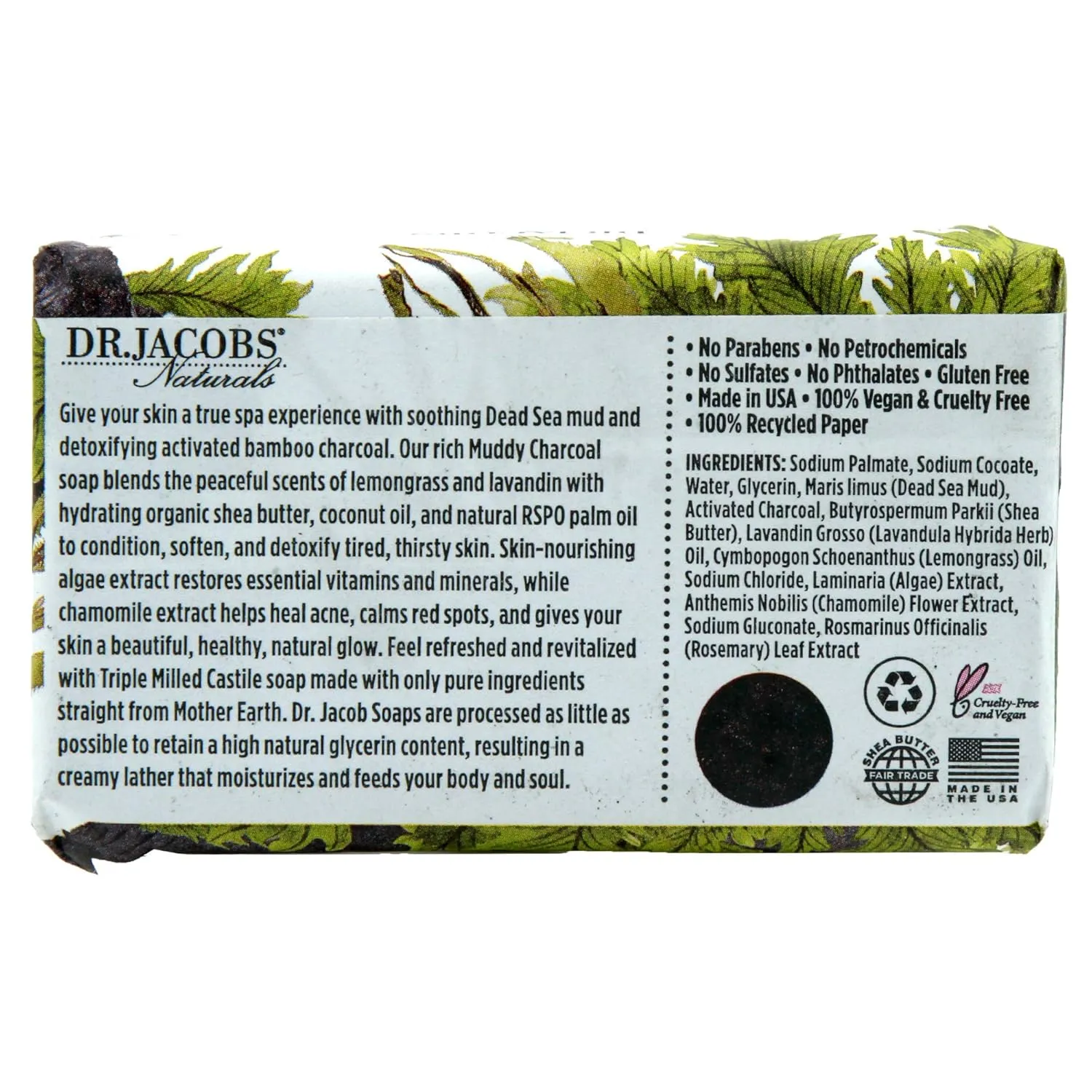 Dr Jacobs Naturals, Triple Milled Loofah Exfoliating Castile Bar Soap (Pack of 2) - Free of Parabens, Sulfates, Synthetics, Gltuen and GMO (Muddy Charcoal/Lucy Rose)