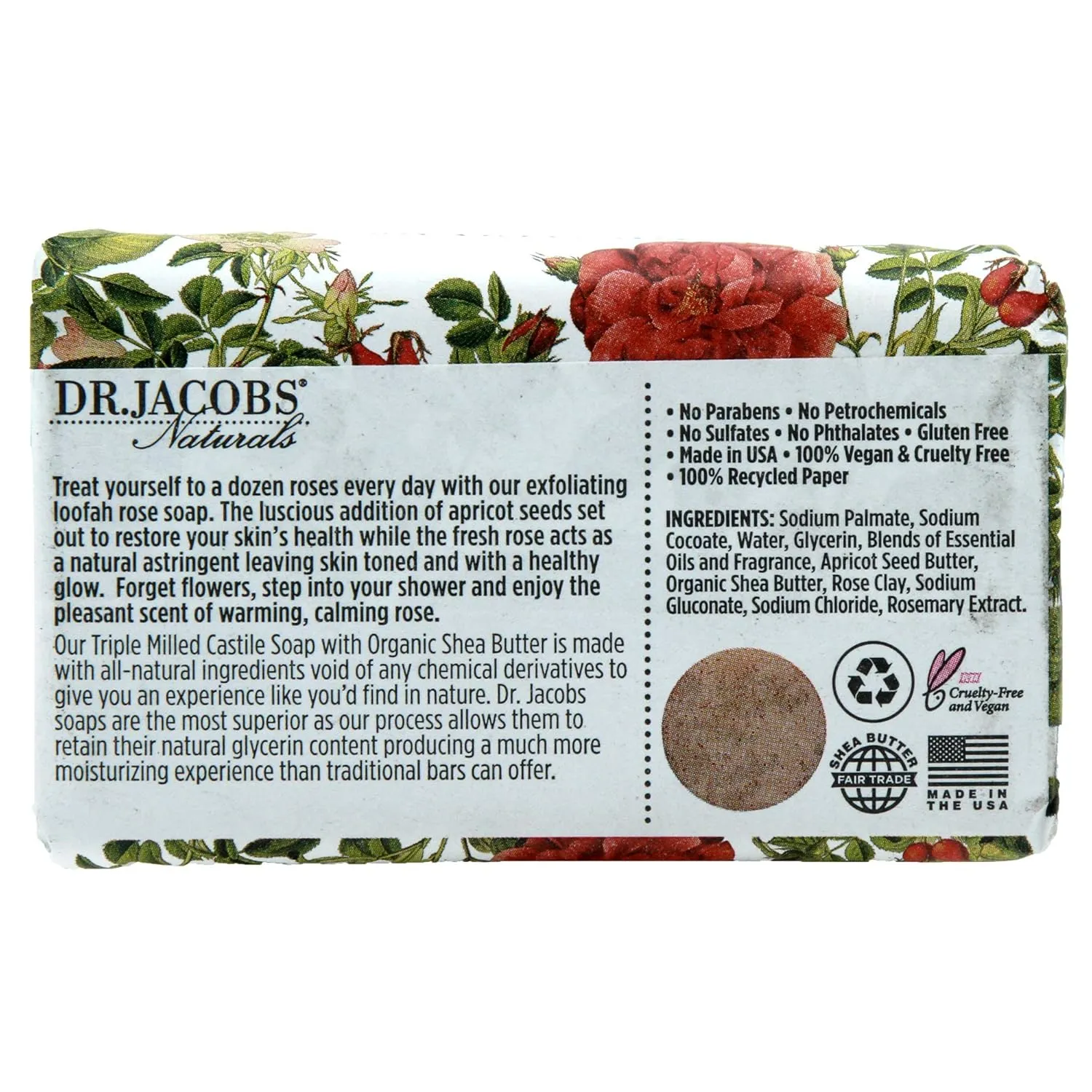 Dr Jacobs Naturals, Triple Milled Loofah Exfoliating Castile Bar Soap (Pack of 2) - Free of Parabens, Sulfates, Synthetics, Gltuen and GMO (Muddy Charcoal/Lucy Rose)