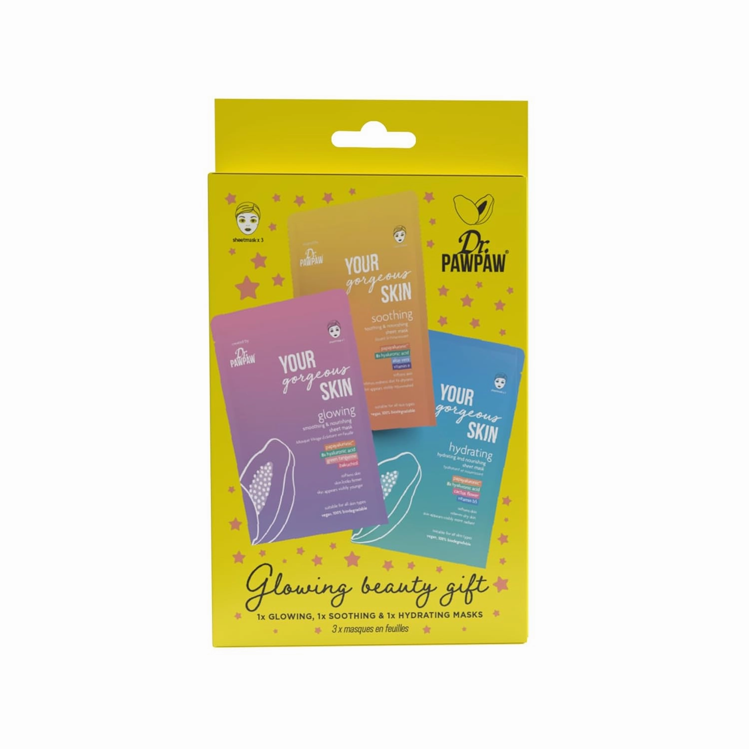 Dr.PAWPAW Glowing Beauty Sheet Mask Gift Set: Glowing, Soothing & Hydrating Sheet Masks: Soften,Younger looking Skin,For All Skin Type with Hero Ingredient PAPAYALURONIC(™)