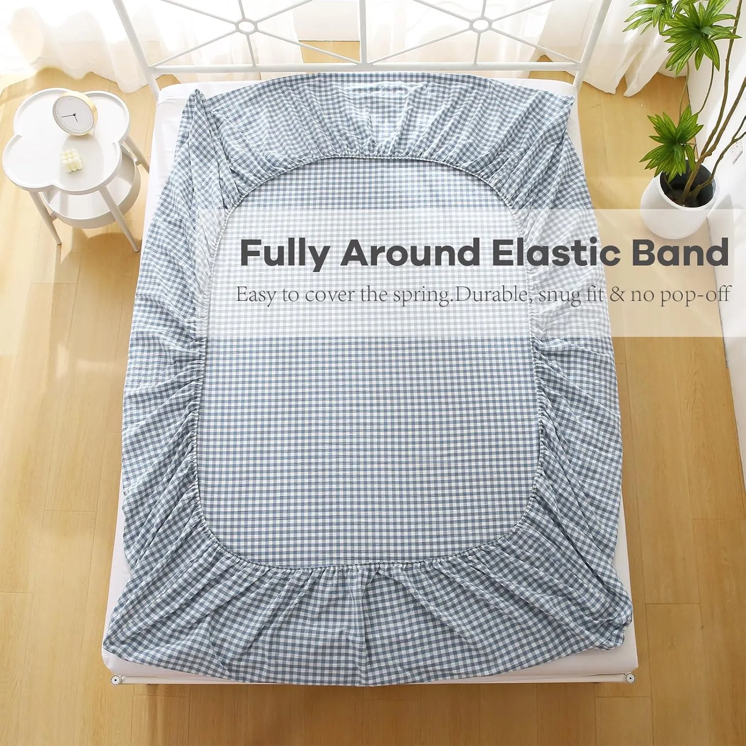 Dust Blue White Plaid Ruffle Gingham Sheets Full Size 4-Piece Set, 300TC 100% Yarn Dyed Cotton 18 in Deep Pocket Preppy Sheets Decorative Bedding (Dust Blue/White Plaid, Full)