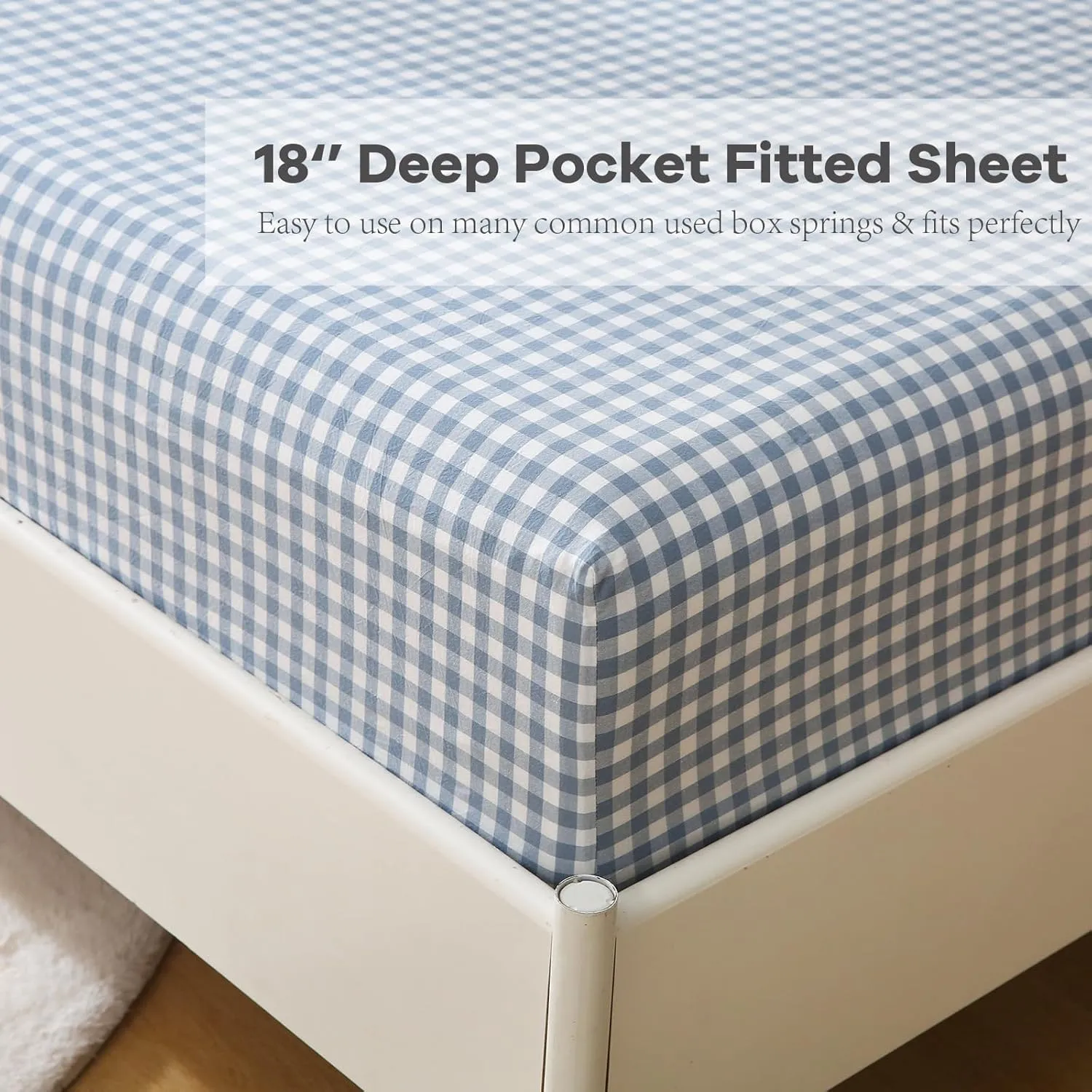Dust Blue White Plaid Ruffle Sheets Twin Size 4-Piece Set, 300TC 100% Yarn Dyed Cotton Sheets18 in Deep Pocket Preppy Gingham Sheets Decorative Bedding (Dust Blue/White Plaid, Twin)