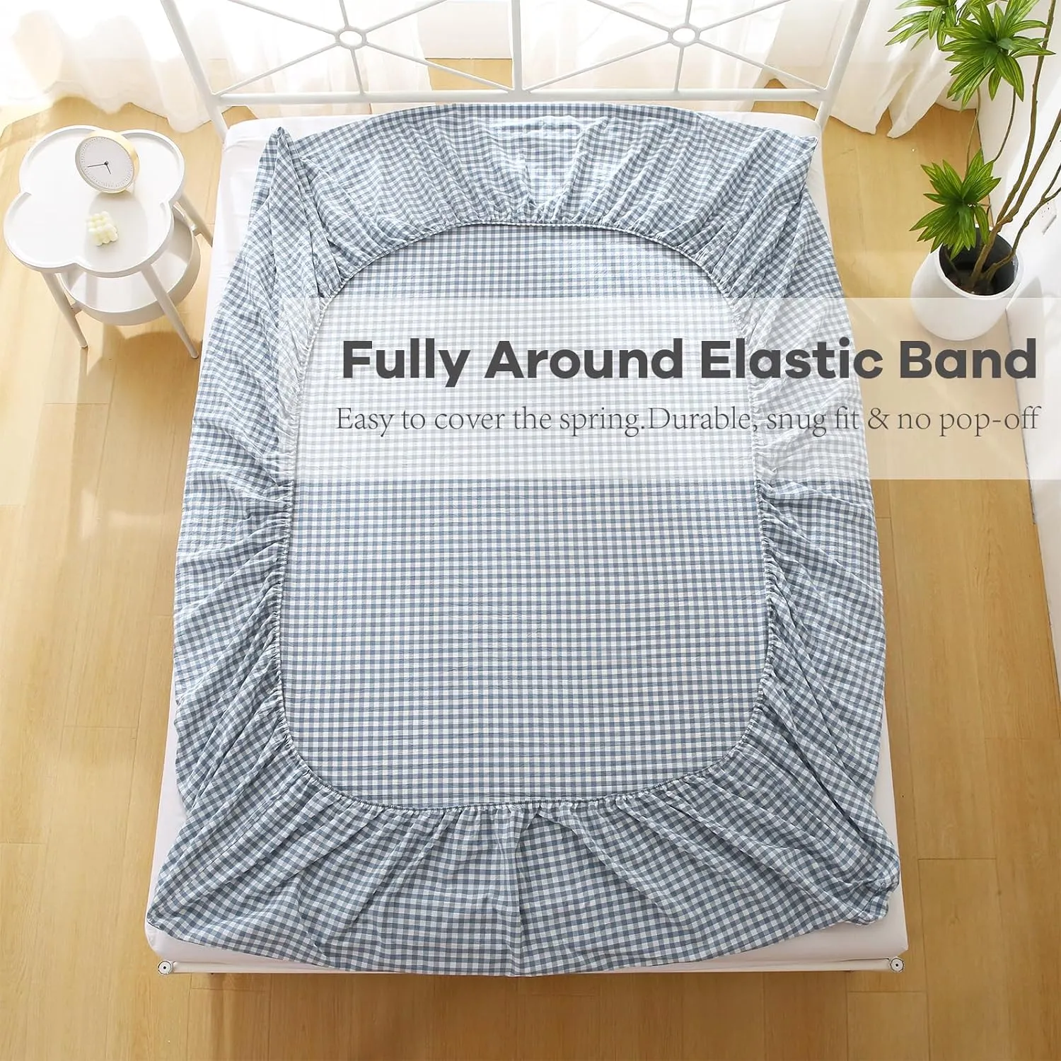 Dust Blue White Plaid Ruffle Sheets Twin Size 4-Piece Set, 300TC 100% Yarn Dyed Cotton Sheets18 in Deep Pocket Preppy Gingham Sheets Decorative Bedding (Dust Blue/White Plaid, Twin)