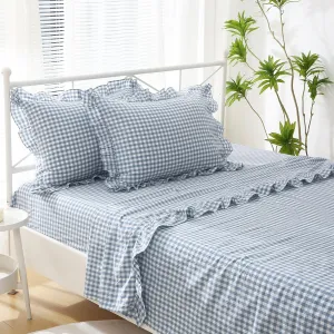 Dust Blue White Plaid Ruffle Sheets Twin Size 4-Piece Set, 300TC 100% Yarn Dyed Cotton Sheets18 in Deep Pocket Preppy Gingham Sheets Decorative Bedding (Dust Blue/White Plaid, Twin)