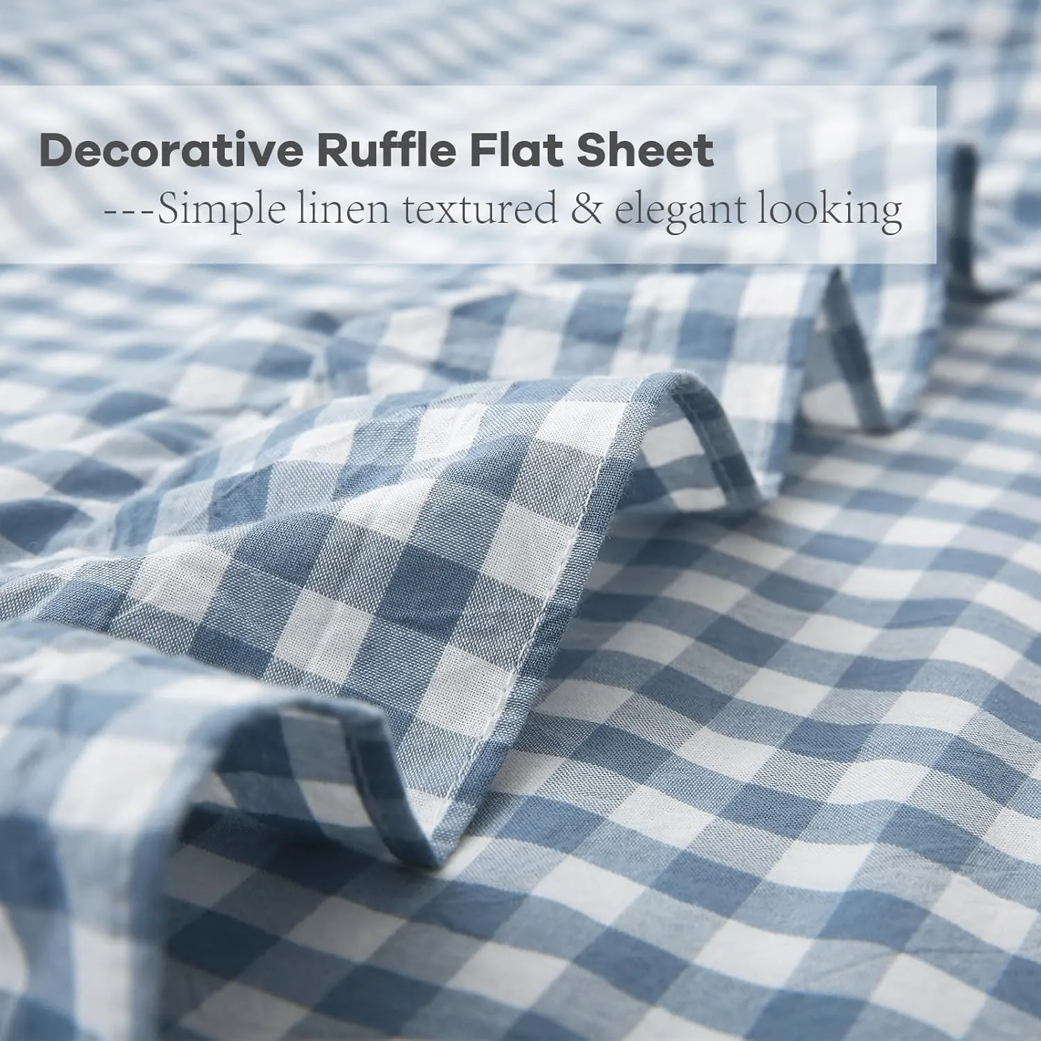 Dust Blue White Plaid Ruffle Sheets Twin Size 4-Piece Set, 300TC 100% Yarn Dyed Cotton Sheets18 in Deep Pocket Preppy Gingham Sheets Decorative Bedding (Dust Blue/White Plaid, Twin)