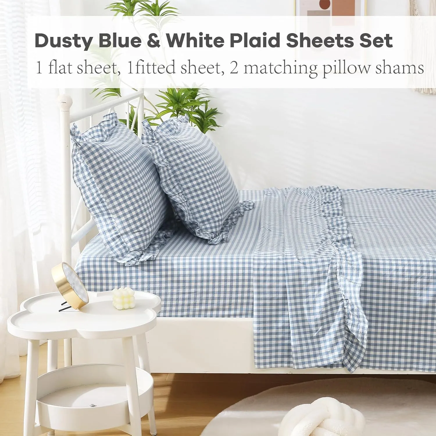 Dust Blue White Plaid Ruffle Sheets Twin Size 4-Piece Set, 300TC 100% Yarn Dyed Cotton Sheets18 in Deep Pocket Preppy Gingham Sheets Decorative Bedding (Dust Blue/White Plaid, Twin)