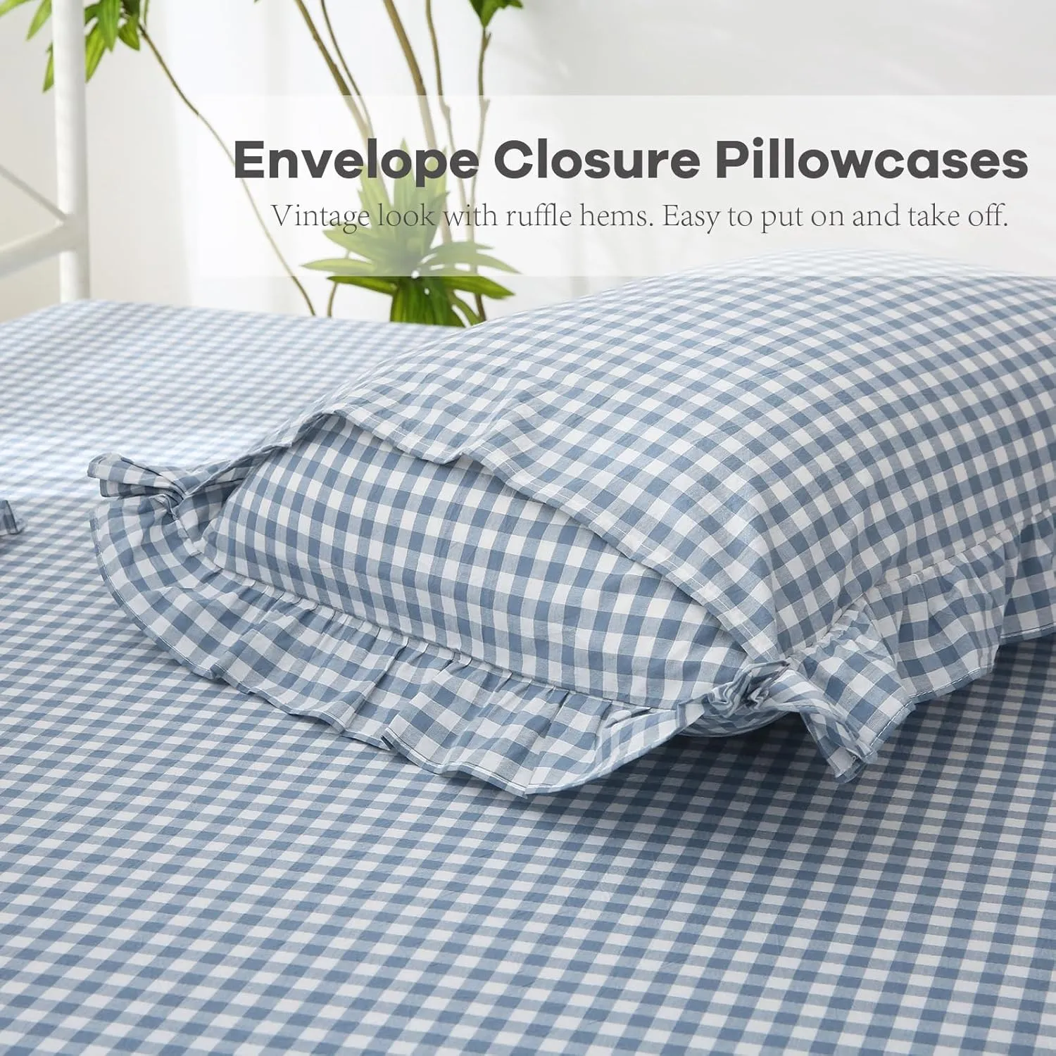 Dust Blue White Plaid Ruffle Sheets Twin Size 4-Piece Set, 300TC 100% Yarn Dyed Cotton Sheets18 in Deep Pocket Preppy Gingham Sheets Decorative Bedding (Dust Blue/White Plaid, Twin)