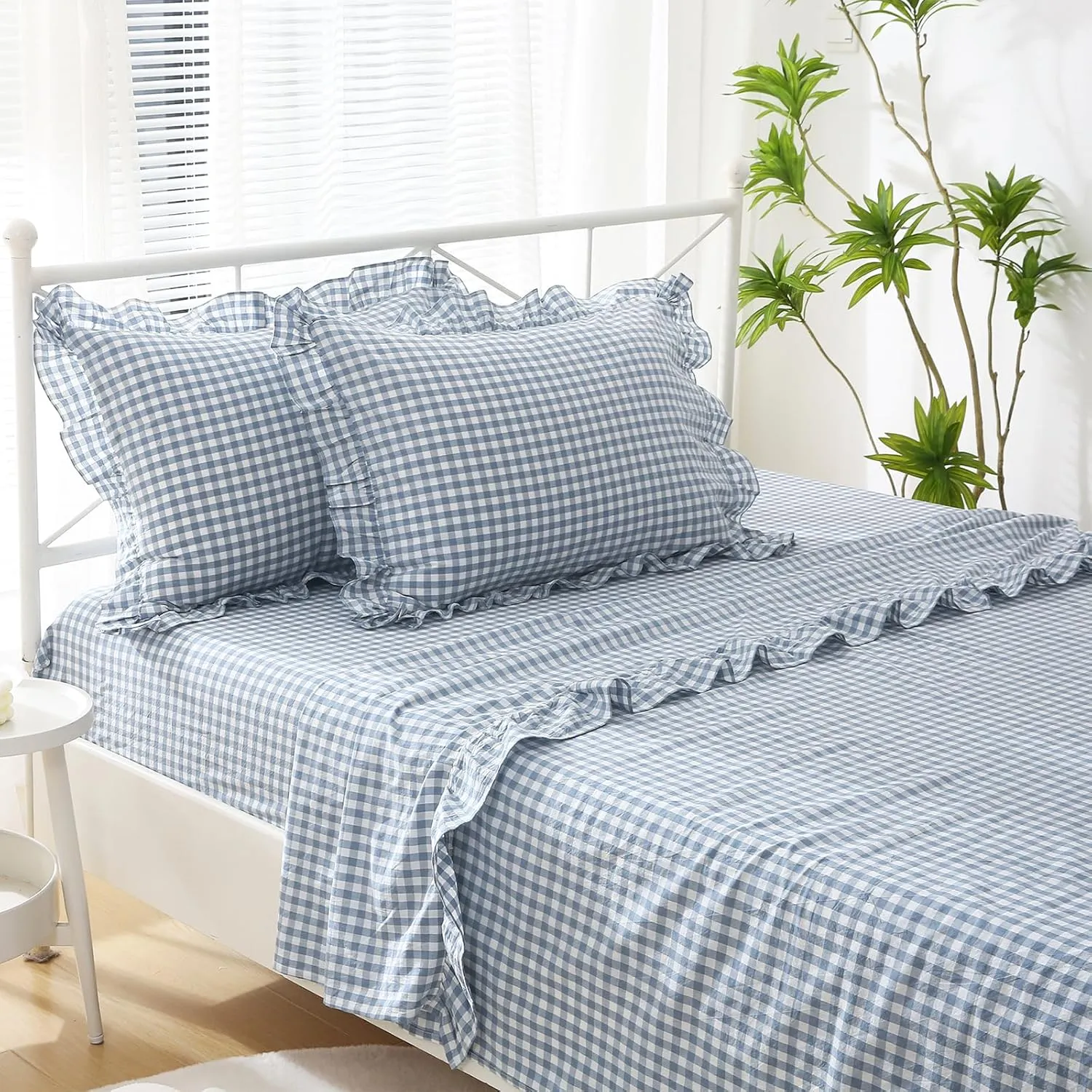 Dust Blue White Plaid Ruffle Sheets Twin Size 4-Piece Set, 300TC 100% Yarn Dyed Cotton Sheets18 in Deep Pocket Preppy Gingham Sheets Decorative Bedding (Dust Blue/White Plaid, Twin)