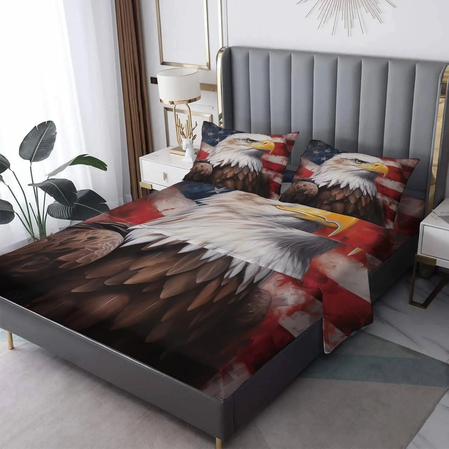 Eagle Sheet Set Twin XL Size, Patriotic Eagle Bed Sheets, American Flag Aesthetic Bedding 3 Piece for Bedroom Decor - 16 Inch Deep Pocket, Super Soft Microfiber & Wrinkle Free