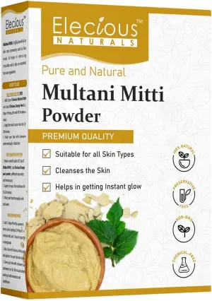 Ele.CIO.us 100% Natural Multani Mitti Powder for Exfoliating, Soothing, Nourishing, Smoothening Face, Skin and Hair Fuller's Earth, Bentonite Clay (200 Grams)
