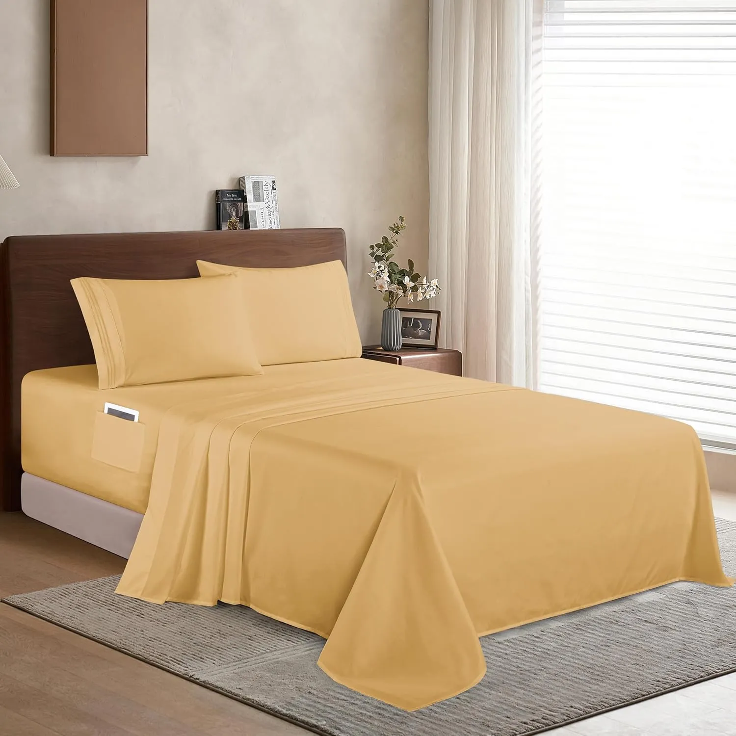 Elegant Comfort Luxury 1500 Premium Hotel Quality Microfiber 4-Piece Sheet Set - Soft, All Around Elastic 18-24 Inches Deep Fitted Sheet - Extra Deep Pocket Sheets, King, Camel-Gold