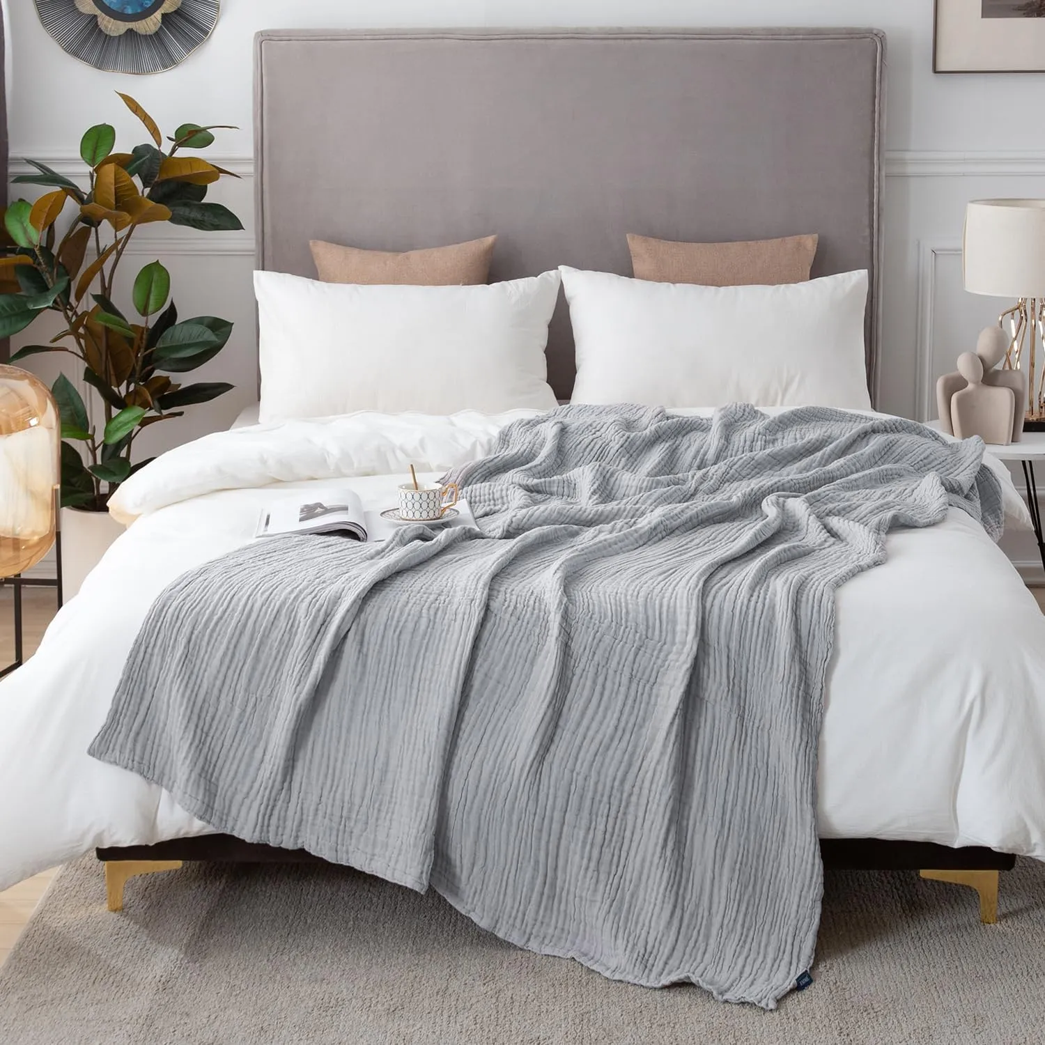 EMME Cooling Throw Blanket for Hot Flashes 100% Cotton Muslin Throw Blankets for Couch Breathable Gauze Blanket All Season Soft and Lightweight Pre-Washed Cotton Blanket (Light Grey, 50"x70")