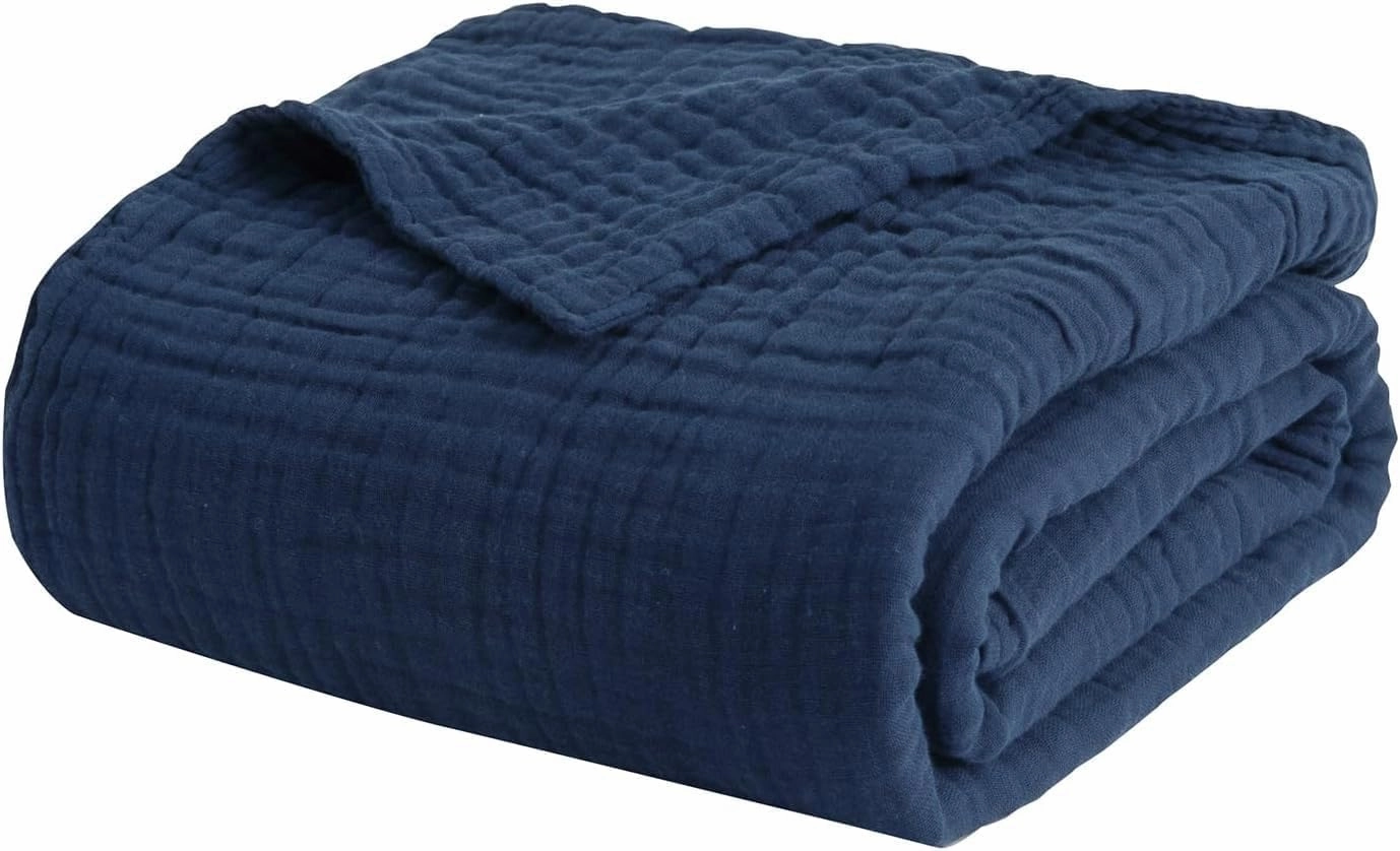 EMME Muslin Blanket 100% Cotton Throw Blankets for Couch Breathable Gauze Blanket All Season Soft and Lightweight Pre-Washed Cotton Blanket (Navy, 50"x70")