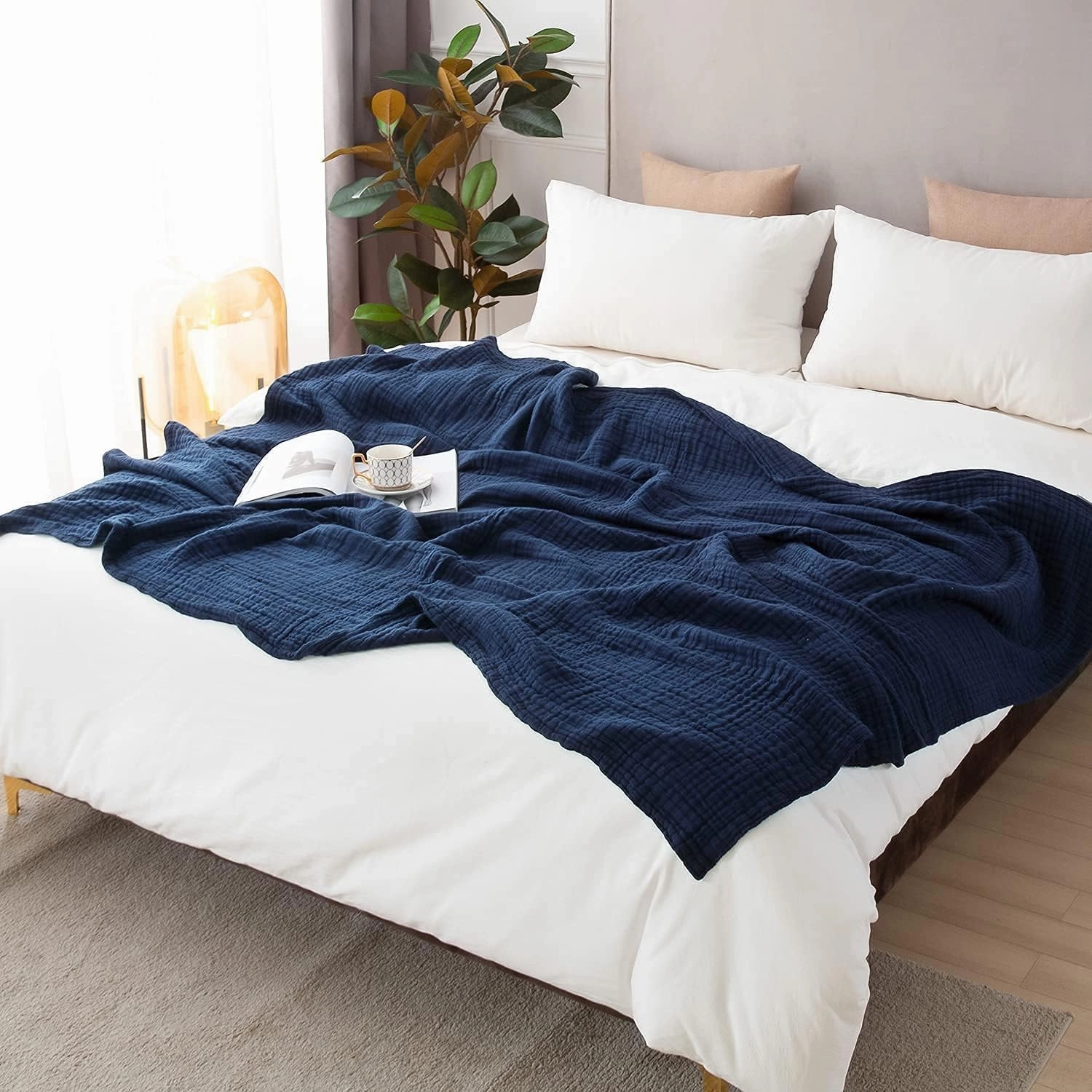 EMME Muslin Blanket 100% Cotton Throw Blankets for Couch Breathable Gauze Blanket All Season Soft and Lightweight Pre-Washed Cotton Blanket (Navy, 50"x70")