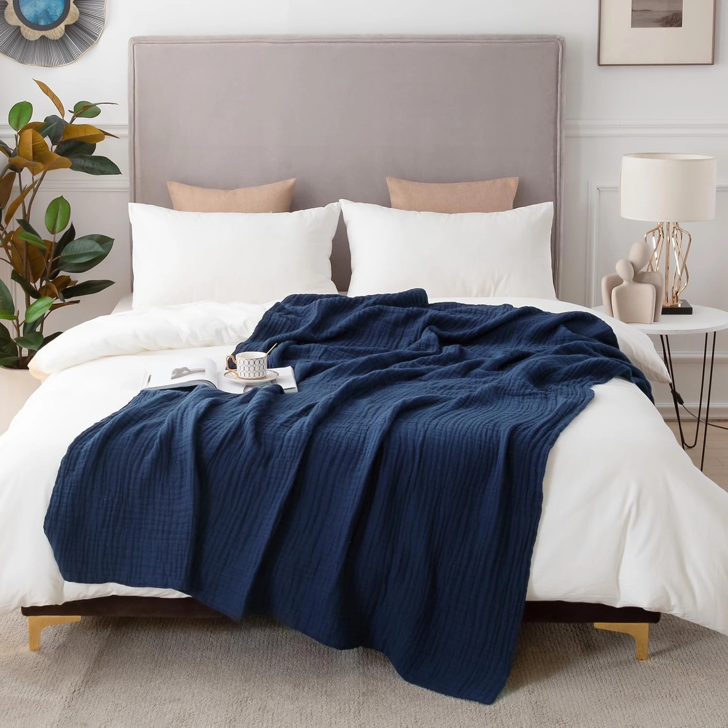 EMME Muslin Blanket 100% Cotton Throw Blankets for Couch Breathable Gauze Blanket All Season Soft and Lightweight Pre-Washed Cotton Blanket (Navy, 50"x70")