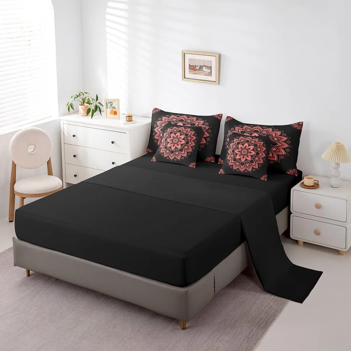Erosebridal Hippie Mandala Queen Comforter Set 7-Piece Chic Floral Bedding Comforter Sets for Girls Women, Hippie Paisley Bed in a Bag Black and Red Bedding Set, Bohemian Flower Bed Sheets Set