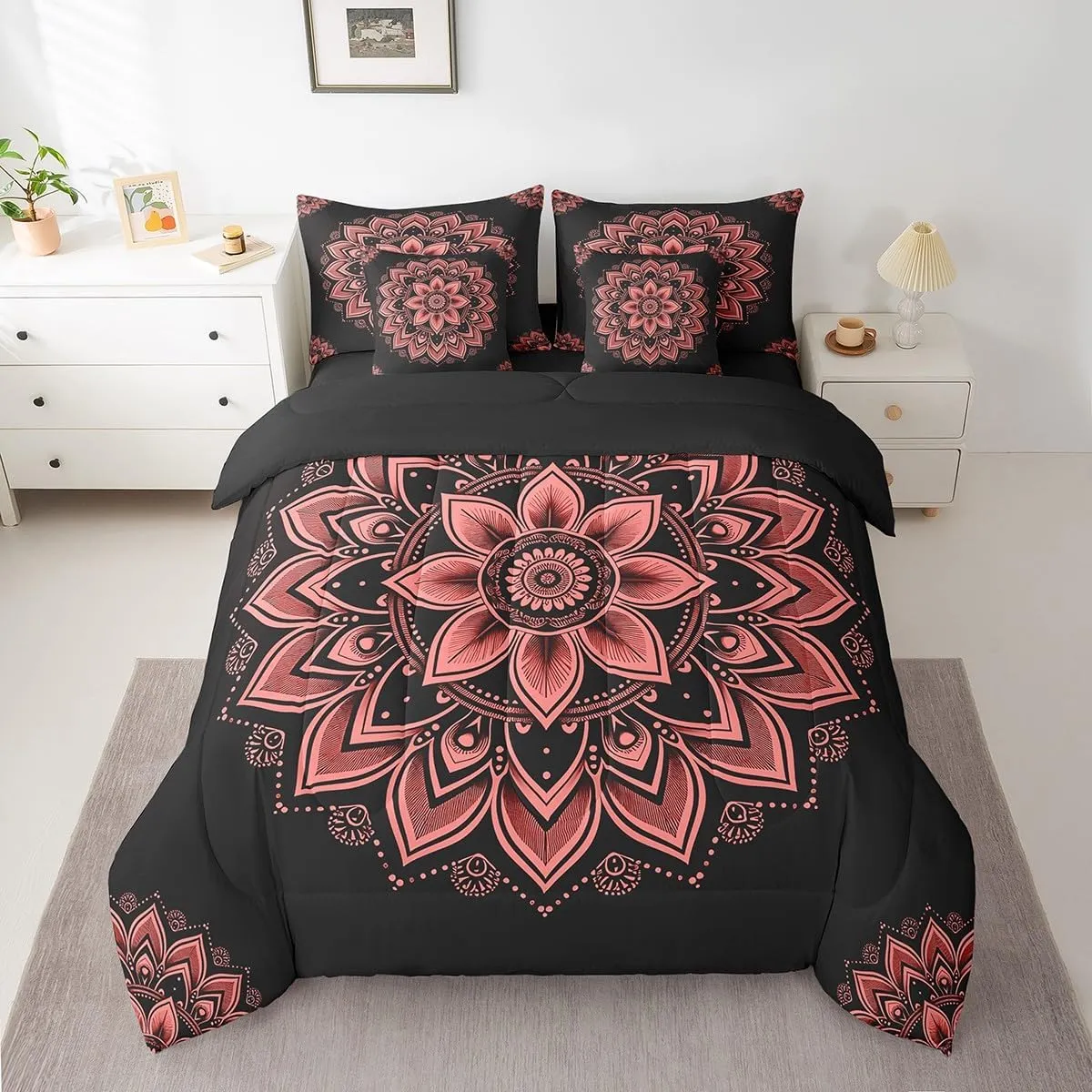 Erosebridal Hippie Mandala Queen Comforter Set 7-Piece Chic Floral Bedding Comforter Sets for Girls Women, Hippie Paisley Bed in a Bag Black and Red Bedding Set, Bohemian Flower Bed Sheets Set