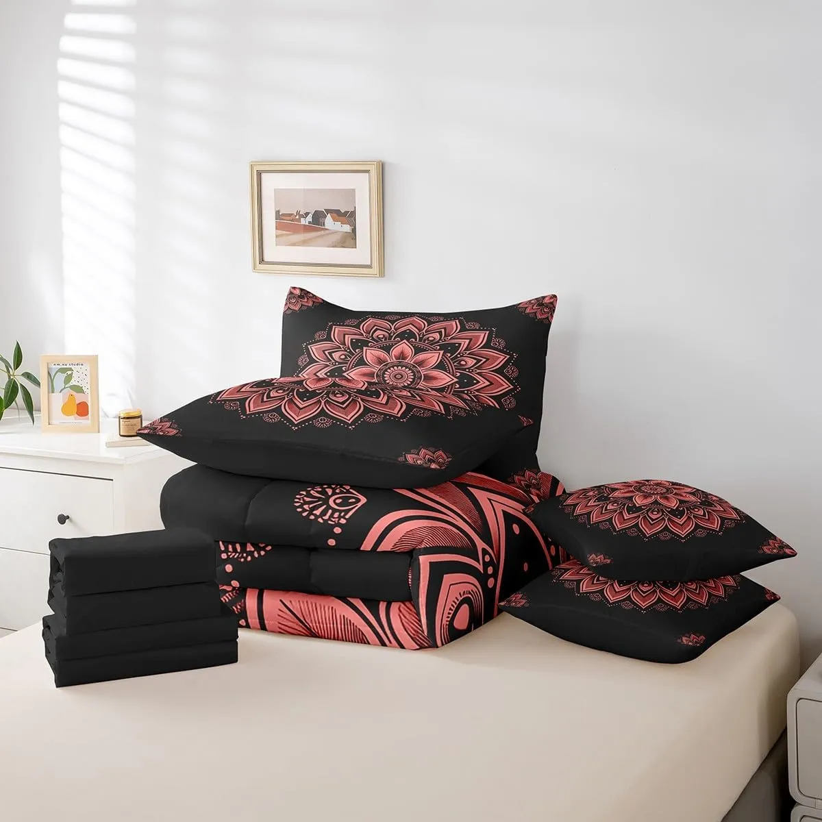 Erosebridal Hippie Mandala Queen Comforter Set 7-Piece Chic Floral Bedding Comforter Sets for Girls Women, Hippie Paisley Bed in a Bag Black and Red Bedding Set, Bohemian Flower Bed Sheets Set