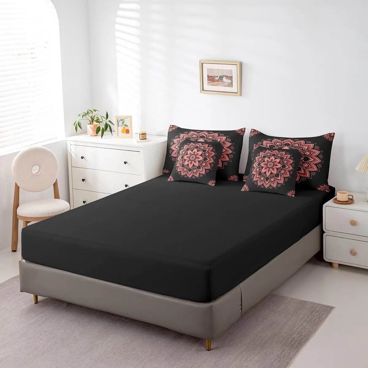 Erosebridal Hippie Mandala Queen Comforter Set 7-Piece Chic Floral Bedding Comforter Sets for Girls Women, Hippie Paisley Bed in a Bag Black and Red Bedding Set, Bohemian Flower Bed Sheets Set