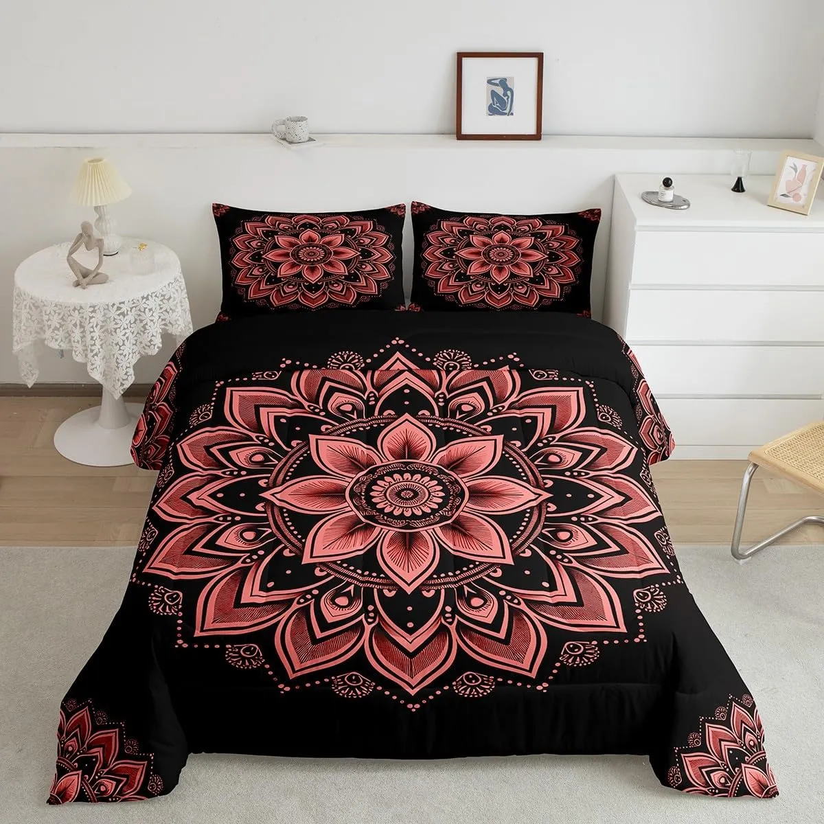 Erosebridal Hippie Mandala Queen Comforter Set 7-Piece Chic Floral Bedding Comforter Sets for Girls Women, Hippie Paisley Bed in a Bag Black and Red Bedding Set, Bohemian Flower Bed Sheets Set