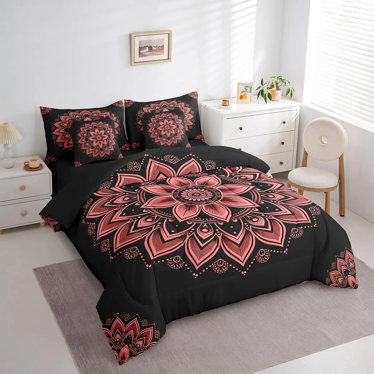 Erosebridal Hippie Mandala Queen Comforter Set 7-Piece Chic Floral Bedding Comforter Sets for Girls Women, Hippie Paisley Bed in a Bag Black and Red Bedding Set, Bohemian Flower Bed Sheets Set