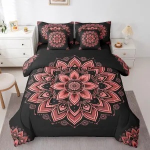 Erosebridal Hippie Mandala Queen Comforter Set 7-Piece Chic Floral Bedding Comforter Sets for Girls Women, Hippie Paisley Bed in a Bag Black and Red Bedding Set, Bohemian Flower Bed Sheets Set