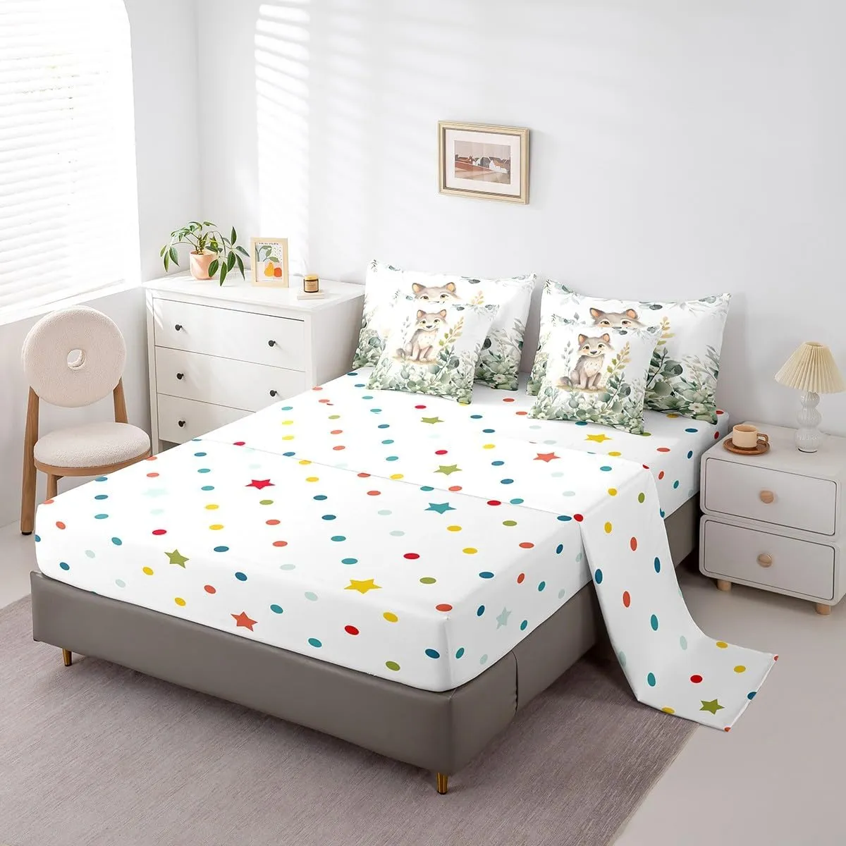 Erosebridal Kawaii Wolf Bed in a Bag 7-Piece for Boys Girls Cartoon Animal Bedding Set, Eucalyptus Leaves Twin Comforter Set Jungle Wildlife Bedding Comforter Sets, Tropical Botanical Plants Bed Set