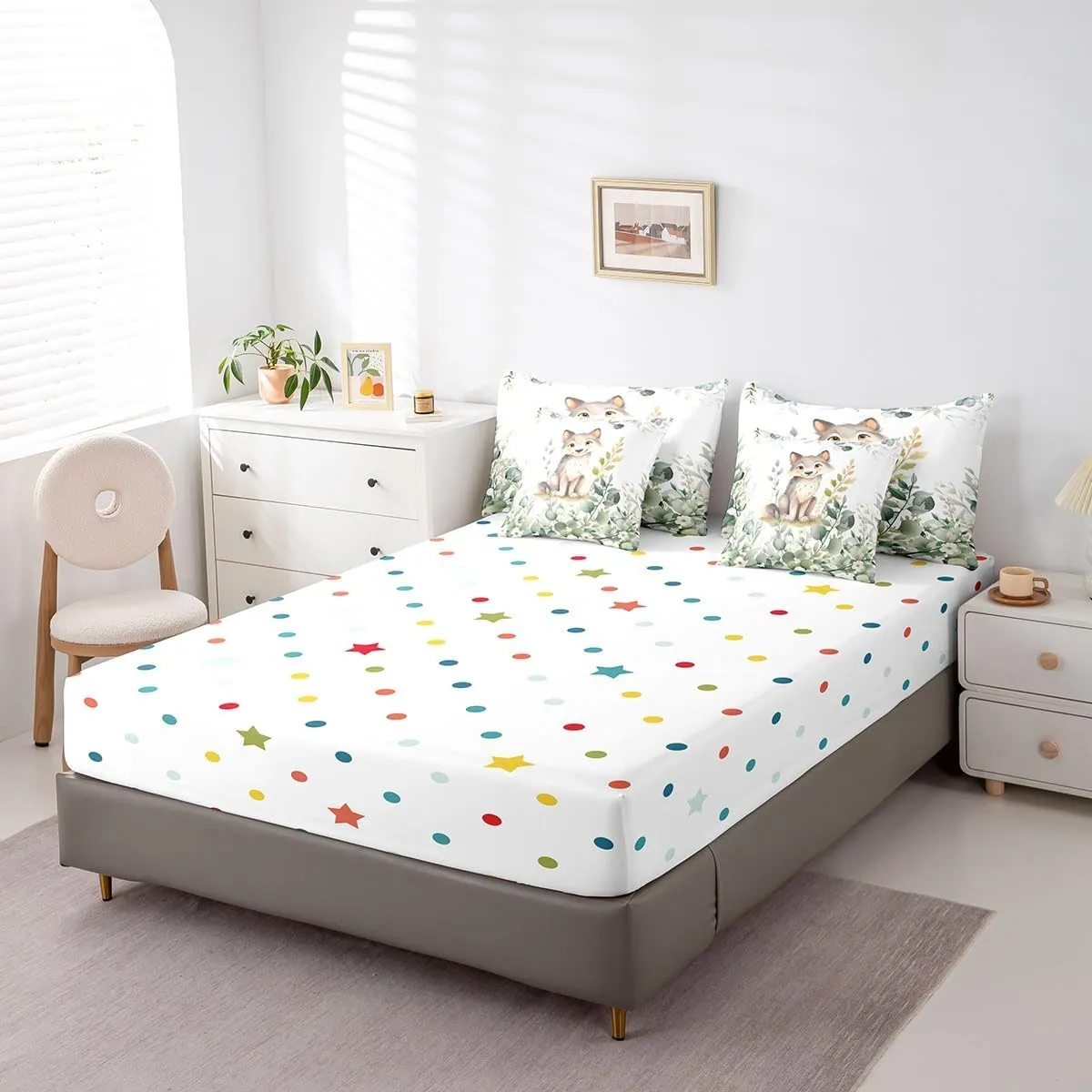 Erosebridal Kawaii Wolf Bed in a Bag 7-Piece for Boys Girls Cartoon Animal Bedding Set, Eucalyptus Leaves Twin Comforter Set Jungle Wildlife Bedding Comforter Sets, Tropical Botanical Plants Bed Set