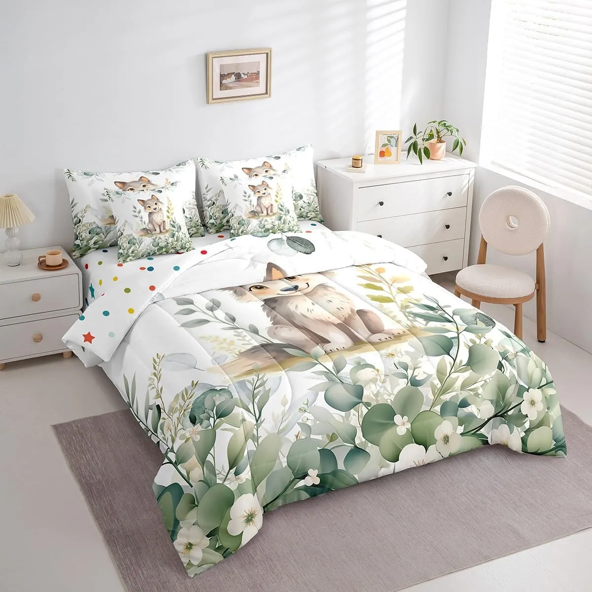 Erosebridal Kawaii Wolf Bed in a Bag 7-Piece for Boys Girls Cartoon Animal Bedding Set, Eucalyptus Leaves Twin Comforter Set Jungle Wildlife Bedding Comforter Sets, Tropical Botanical Plants Bed Set