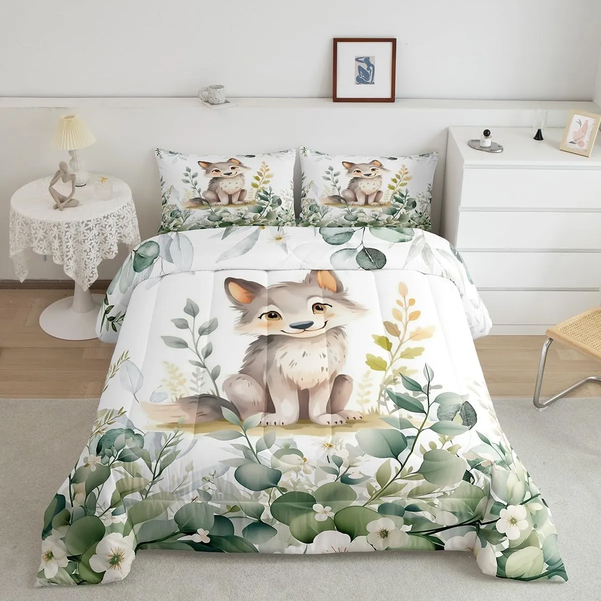 Erosebridal Kawaii Wolf Bed in a Bag 7-Piece for Boys Girls Cartoon Animal Bedding Set, Eucalyptus Leaves Twin Comforter Set Jungle Wildlife Bedding Comforter Sets, Tropical Botanical Plants Bed Set