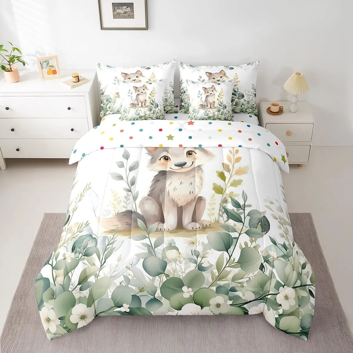 Erosebridal Kawaii Wolf Bed in a Bag 7-Piece for Boys Girls Cartoon Animal Bedding Set, Eucalyptus Leaves Twin Comforter Set Jungle Wildlife Bedding Comforter Sets, Tropical Botanical Plants Bed Set