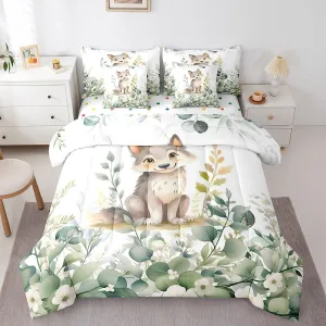 Erosebridal Kawaii Wolf Bed in a Bag 7-Piece for Boys Girls Cartoon Animal Bedding Set, Eucalyptus Leaves Twin Comforter Set Jungle Wildlife Bedding Comforter Sets, Tropical Botanical Plants Bed Set