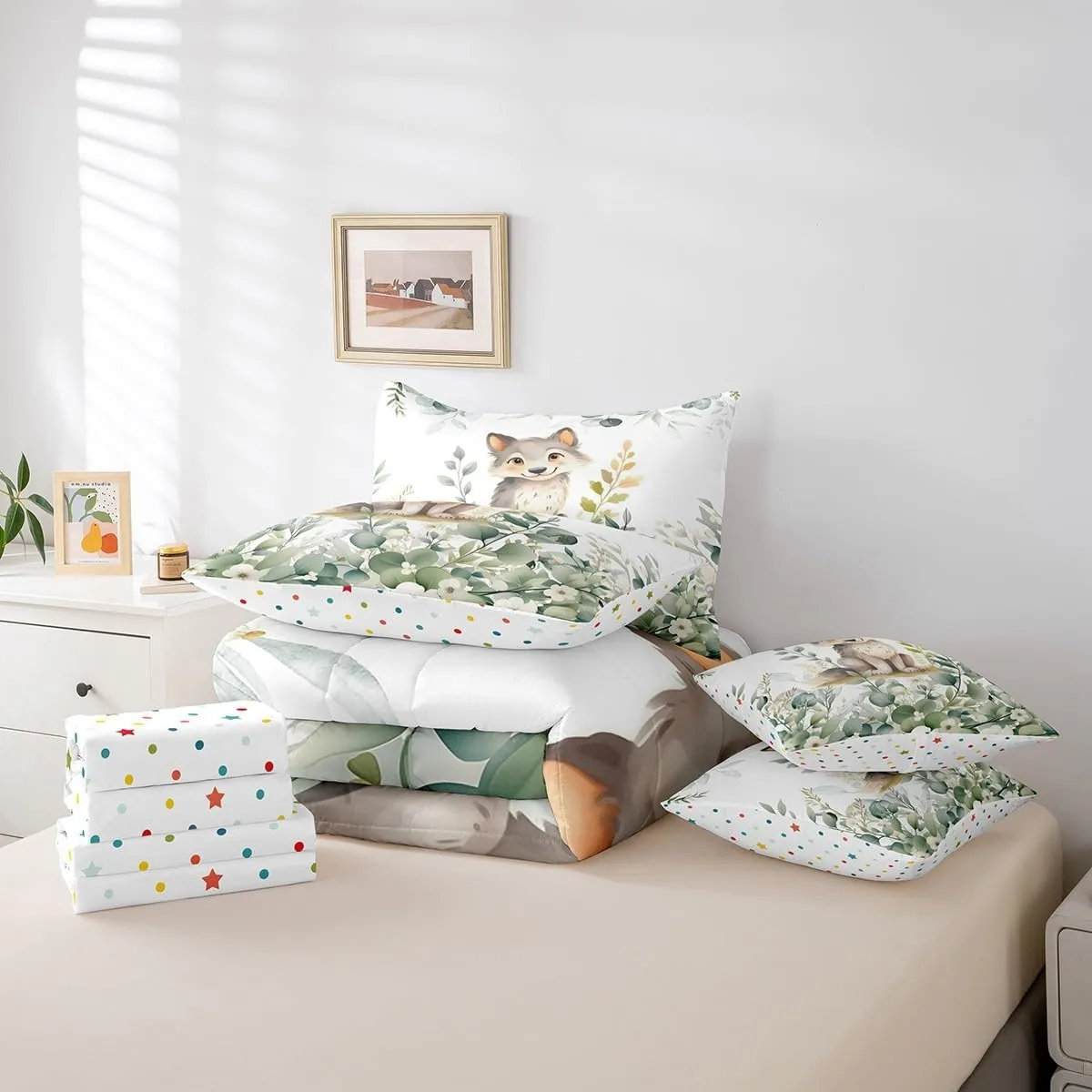 Erosebridal Kawaii Wolf Bed in a Bag 7-Piece for Boys Girls Cartoon Animal Bedding Set, Eucalyptus Leaves Twin Comforter Set Jungle Wildlife Bedding Comforter Sets, Tropical Botanical Plants Bed Set