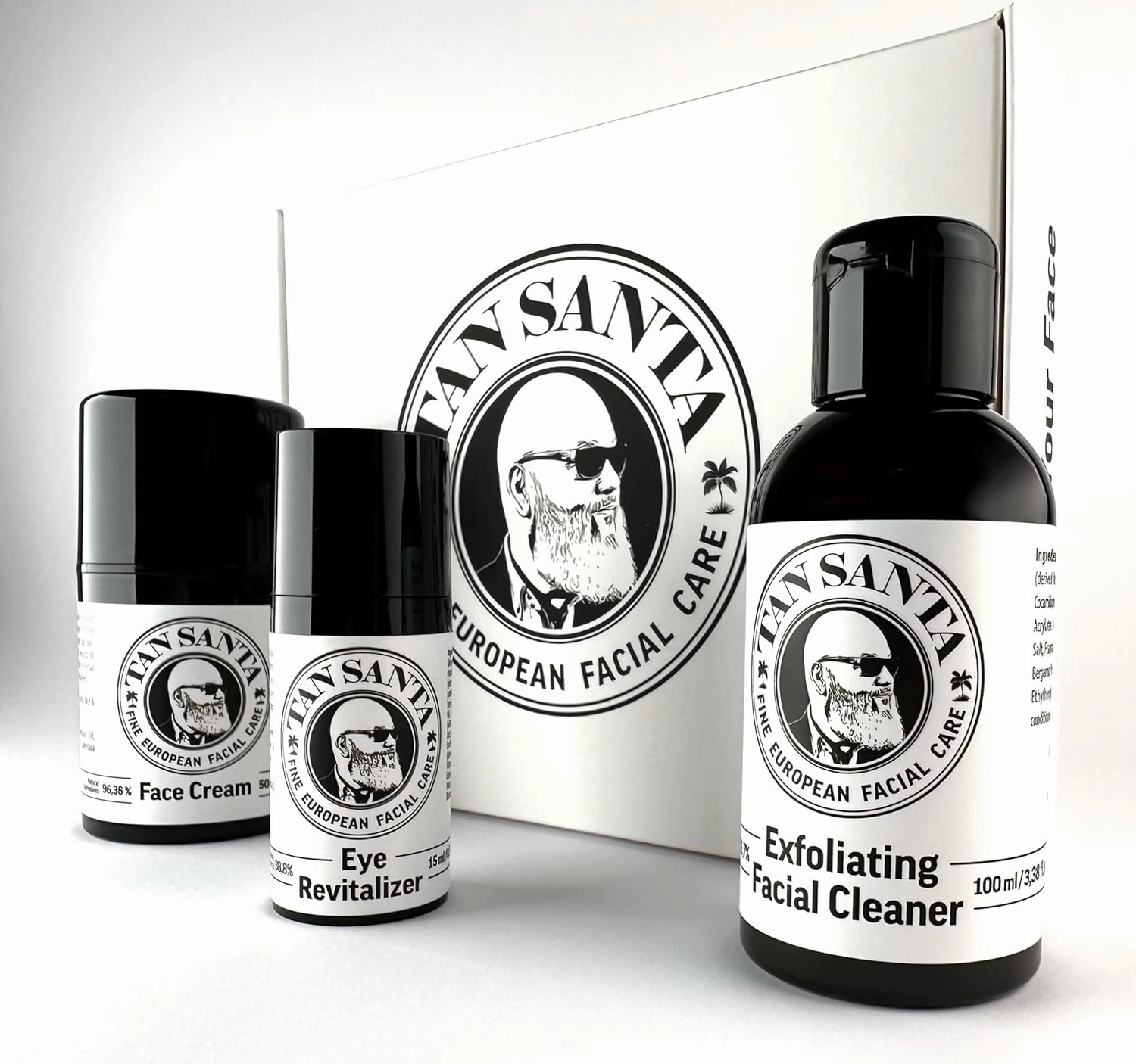 European Facial Care Set For Men - Face Cream, Eye Revitalizer, Exfoliating Facial Cleanser