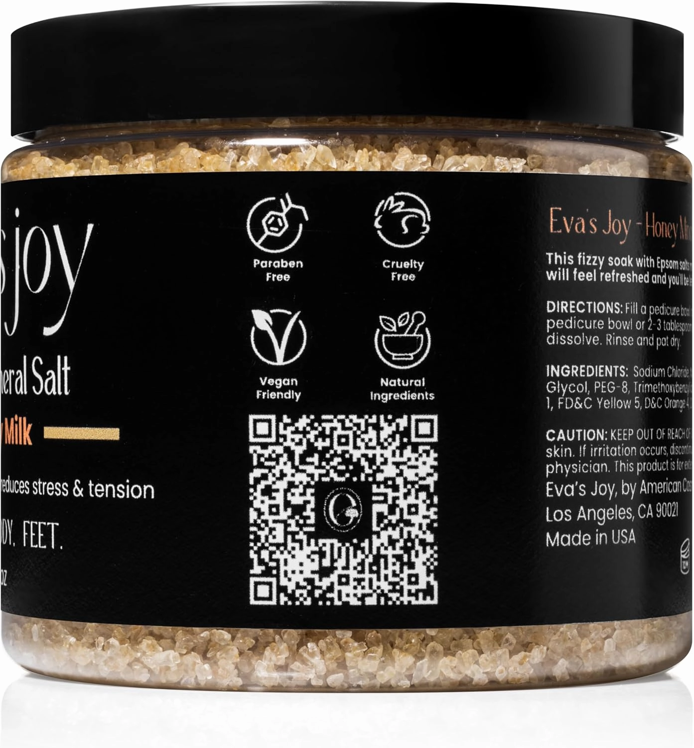 Eva's Joy Honey Milk Mineral Bath and Foot Soak, Made with Epsom Salt Crystals for Relaxation & Soft Skin, Oil-Free, Nourishing, Comforting Soak, 16 oz