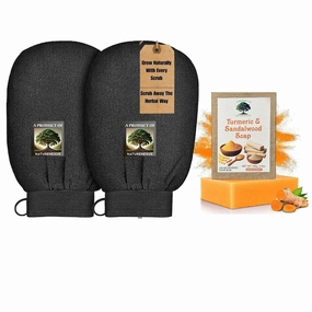 Exfoliating Bath Gloves with Haldi Chandan Soap | 2 Body Scrub Gloves for Deep Cleansing & Skin Polishing | Ayurvedic Herbal Bath Combo | Export Quality