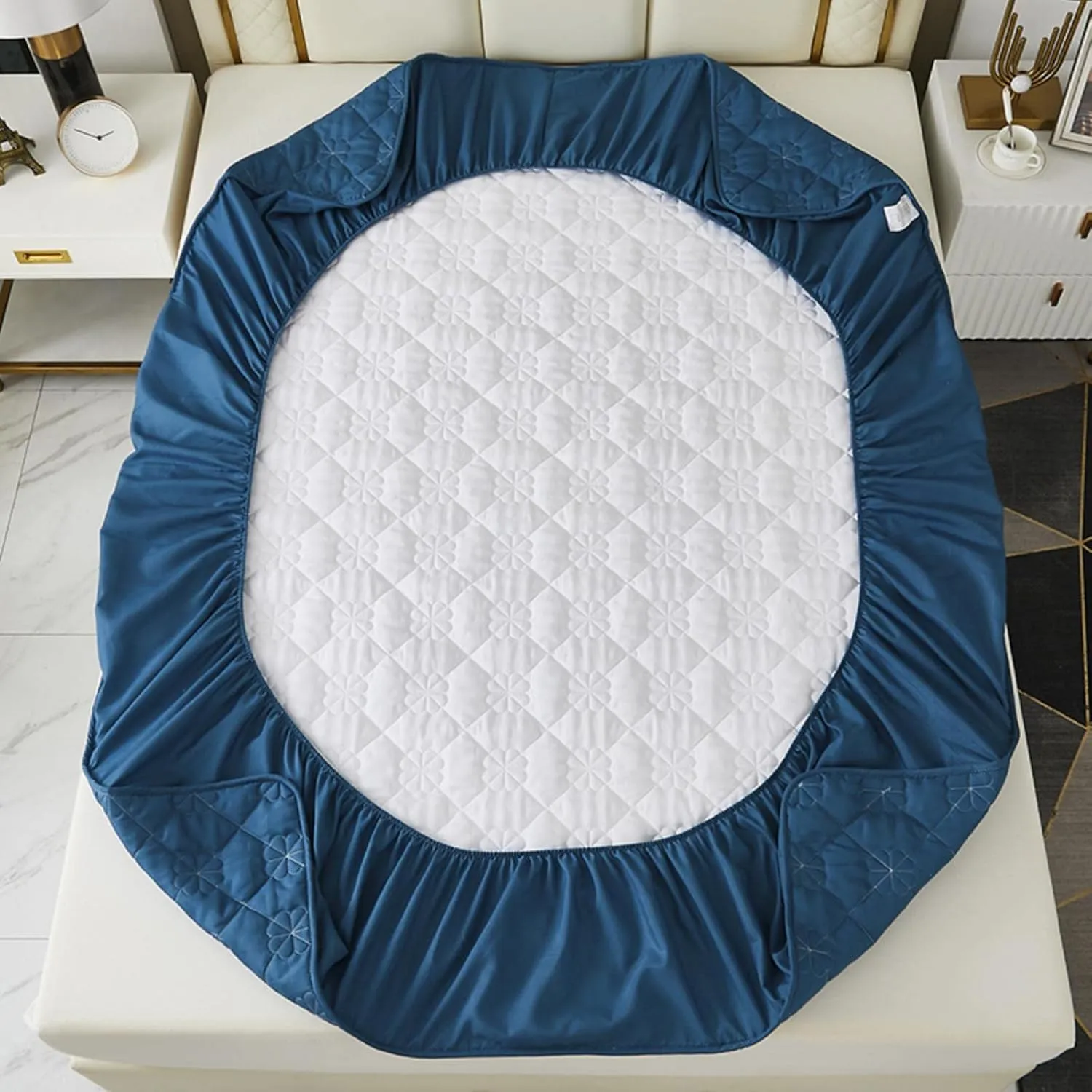 Extra Deep Pocket Fitted Sheet|Soft Breathable Bed Sheet|Non-Slip Non Pilling Protective Cover for Bed Mattress|Warmth Cotton Bedding Sheet|18”-24” Quilted Fitted Sheet (Dark Blue, King)