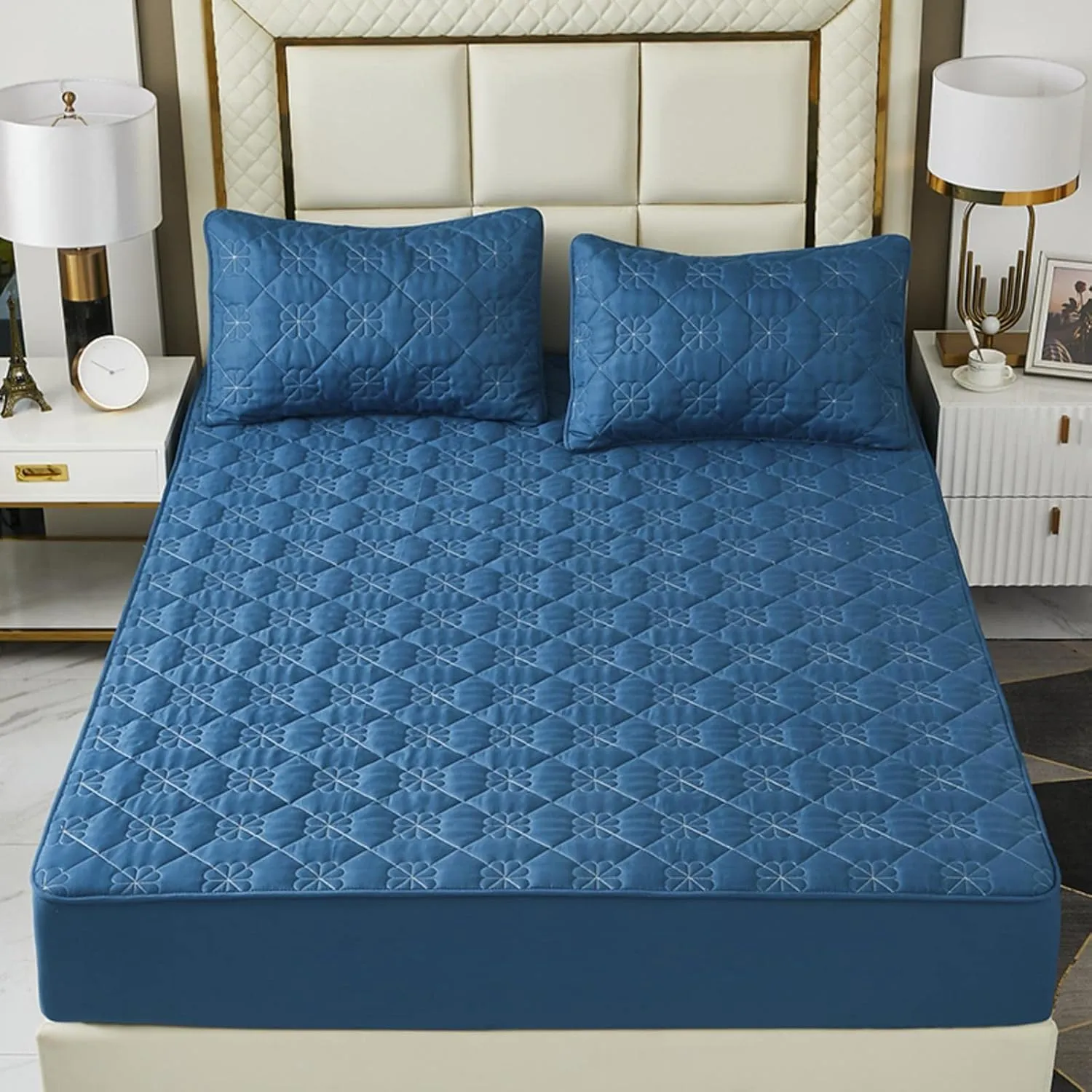 Extra Deep Pocket Fitted Sheet|Soft Breathable Bed Sheet|Non-Slip Non Pilling Protective Cover for Bed Mattress|Warmth Cotton Bedding Sheet|18”-24” Quilted Fitted Sheet (Dark Blue, King)