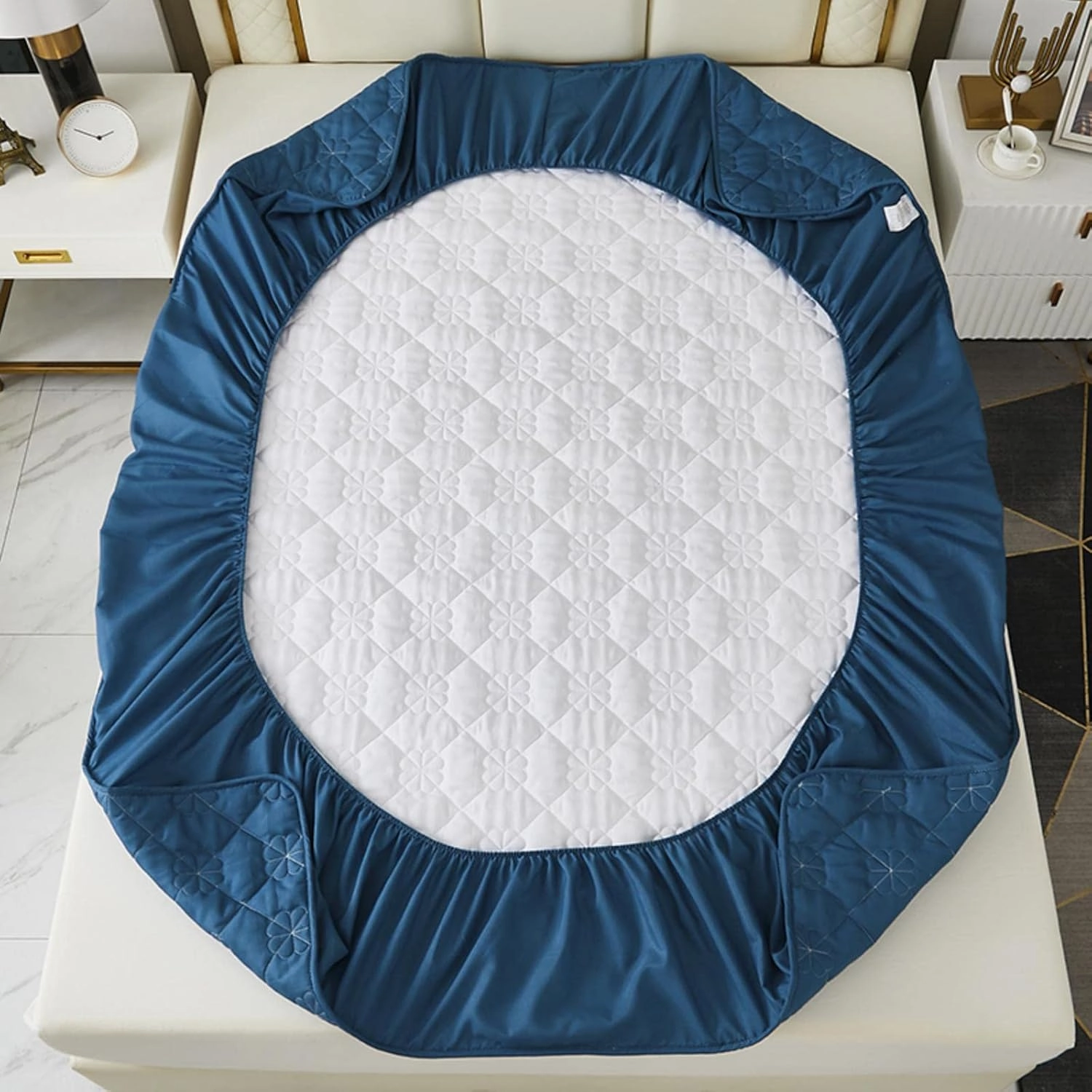 Extra Deep Pocket Fitted Sheet|Soft Breathable Bed Sheet|Non-Slip Non Pilling Protective Cover for Bed Mattress|Warmth Cotton Bedding Sheet|18”-24” Quilted Fitted Sheet (Dark Blue, Queen)