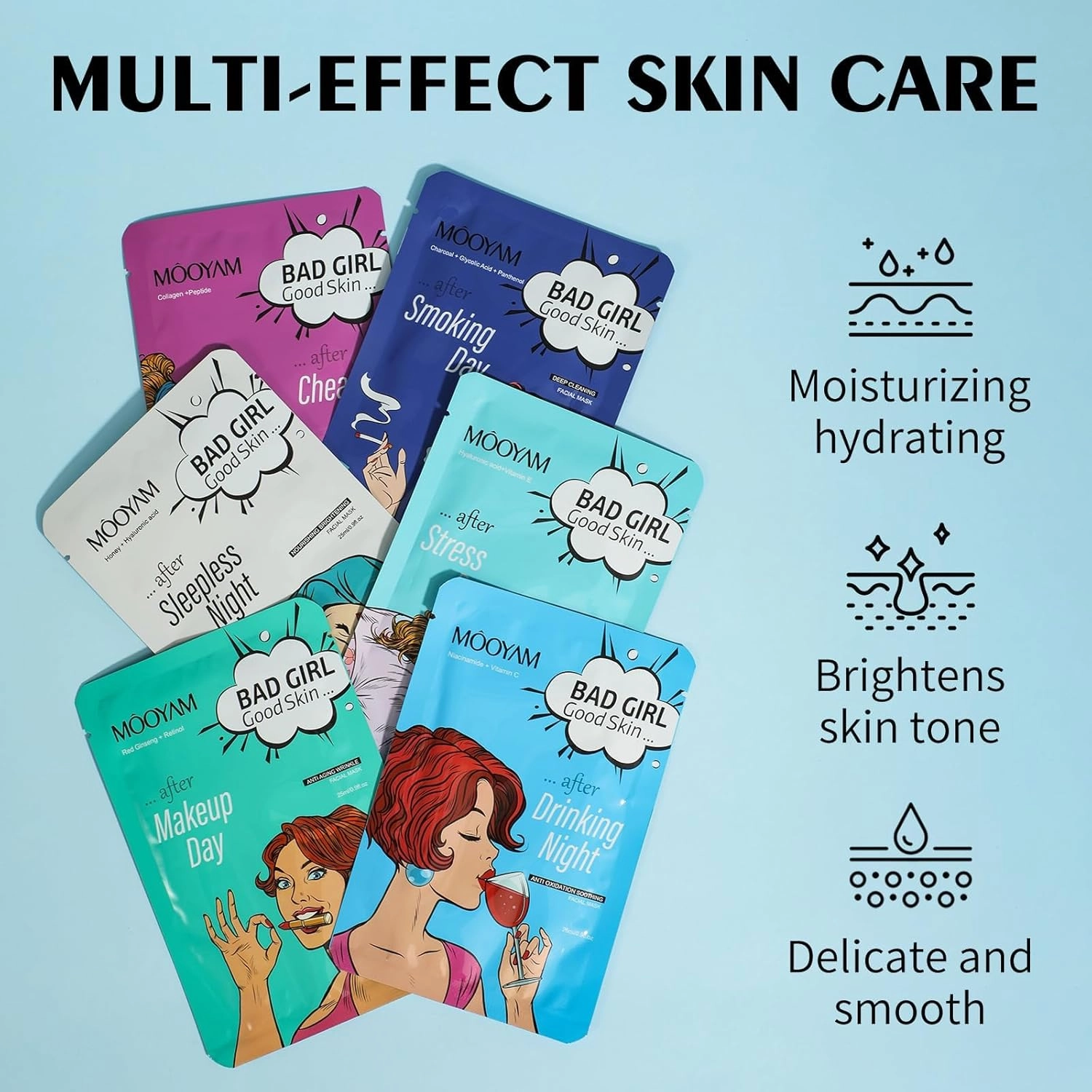Face Masks Skincare Sheet Bad Girl Set with Vitamin C,Collagen,Hyaluronic acid,Retinol,Moisturizing Facial Mask Deep Cleaning,Oil Contral,Hydrating(24Pack)