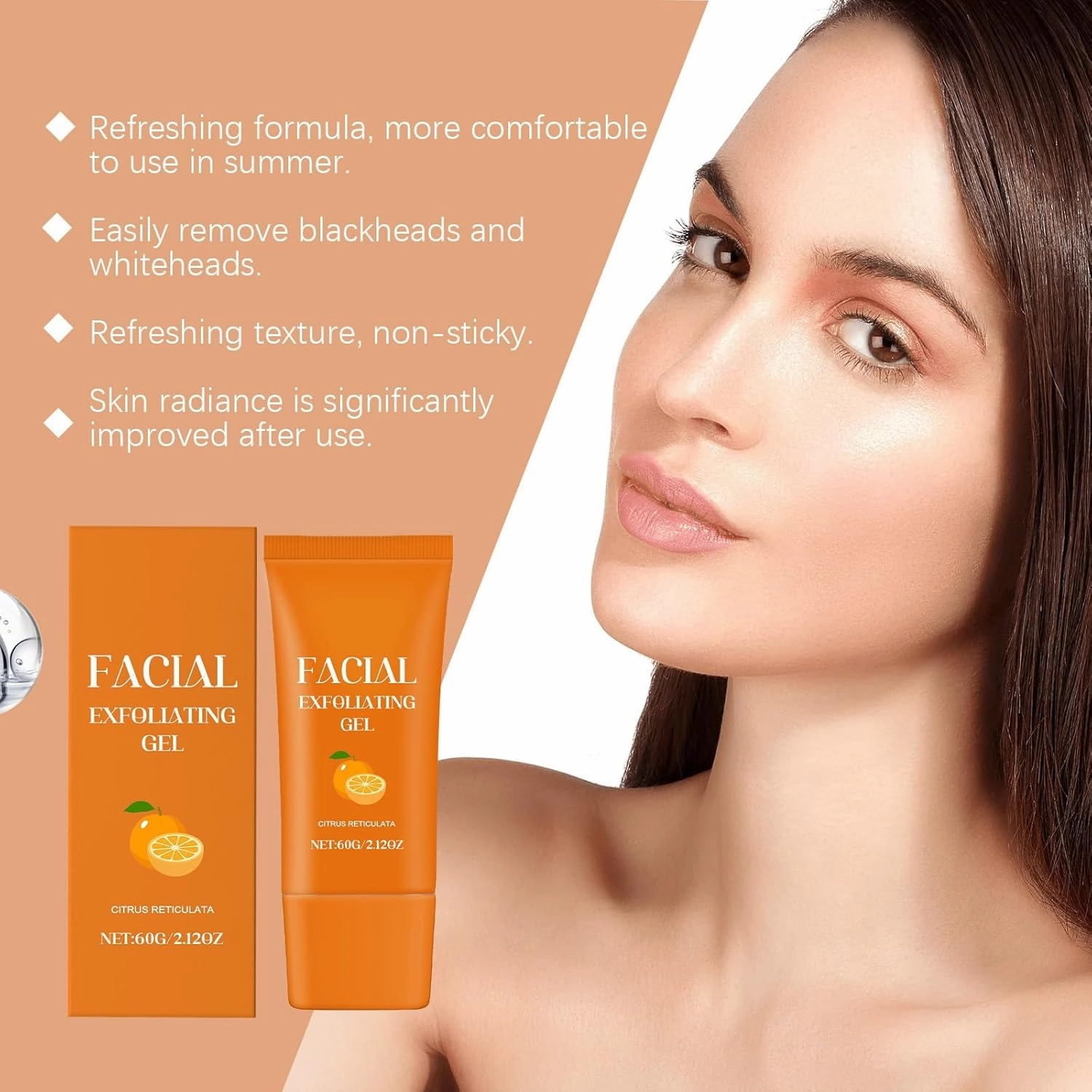 Facial Exfoliating Gel, Deep Purifying Cleansing Exfoliating Gel for Face Body Skin, Orange Enzyme Moisturizing Facial Scrub Exfoliator 60g(2pcs)