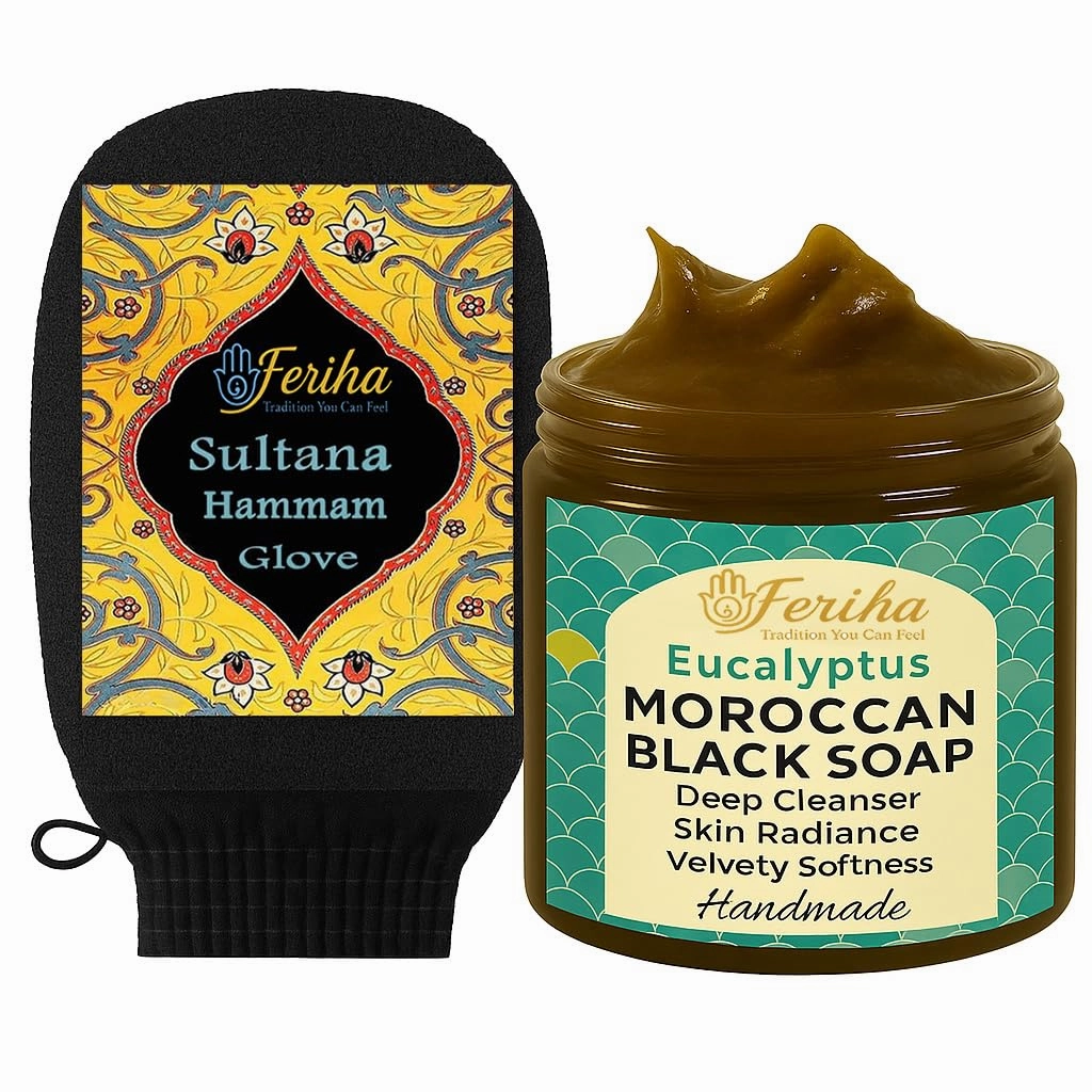 FERIHA Moroccan Black Soap with Eucalyptus   Original Kessa Exfoliating Mitt – Authentic Hammam Skincare Duo for Deep Cleansing and Radiant Skin