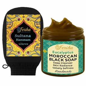 FERIHA Moroccan Black Soap with Eucalyptus   Original Kessa Exfoliating Mitt – Authentic Hammam Skincare Duo for Deep Cleansing and Radiant Skin