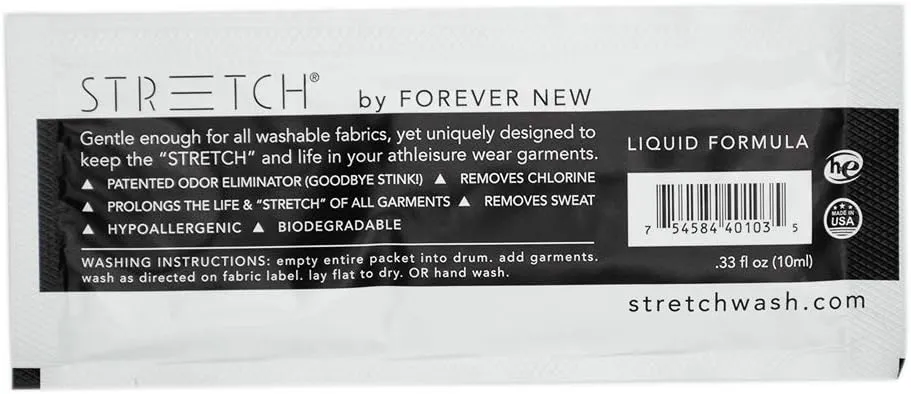 Forever New Stretch Active Wear Laundry Detergent, Liquid, Original Scent, 20 Travel Size Packs - Ideal for Workout Clothes, Swimwear, Yoga Wear, Athletic Gear, and More
