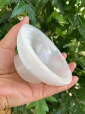 GAF TREASURES Gemstone Carved - 4" Diameter Selenite Crystal Polished Charging Bowl With Pedestal, Selenite Bowl On Stand