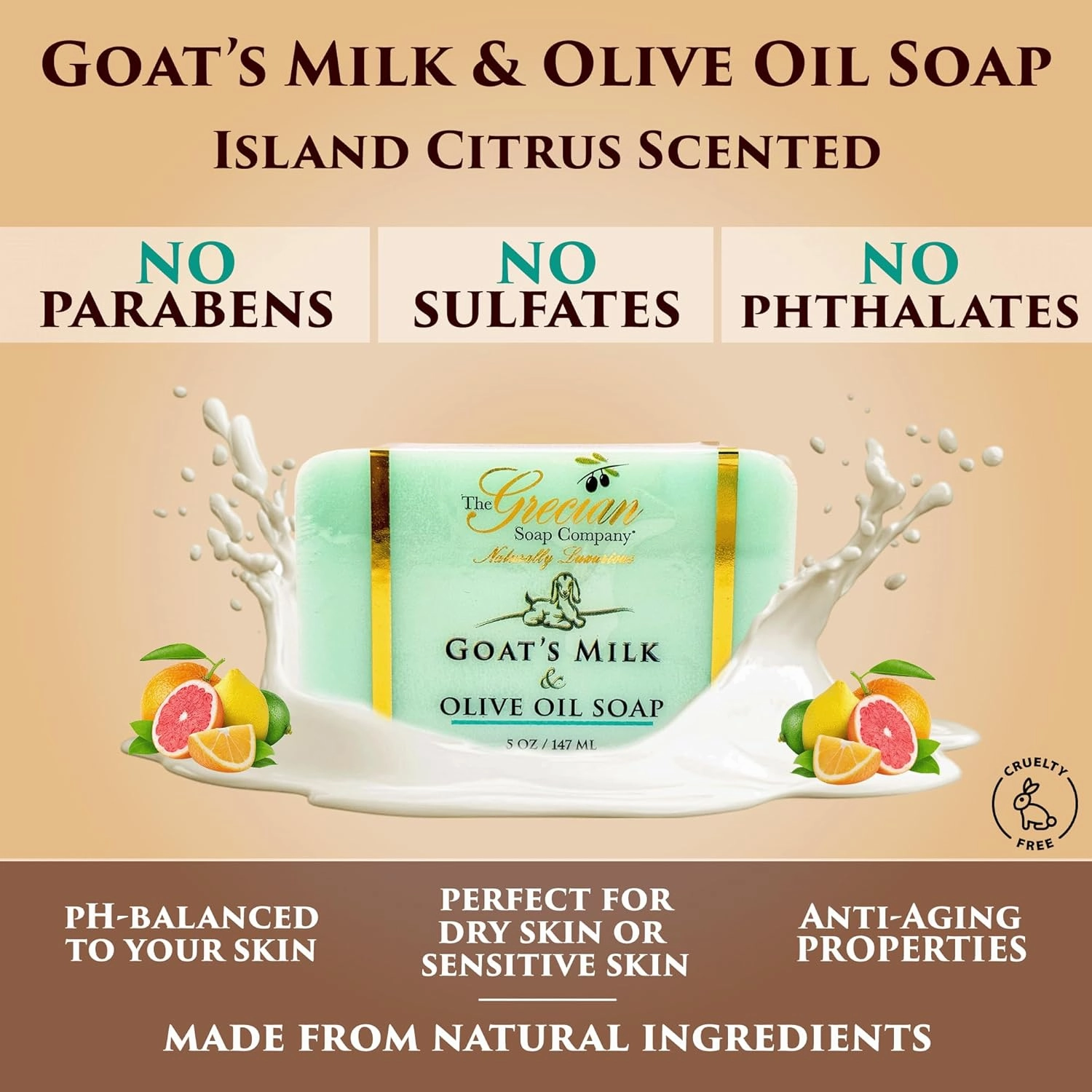 Goat Milk & Olive Oil Soap Bar 3-Pack – Island Citrus Scent, Natural Bar Soap for Dry & Sensitive Skin, Moisturizing & Nourishing Body Soap Bars, Made in USA, Goat Milk Soap