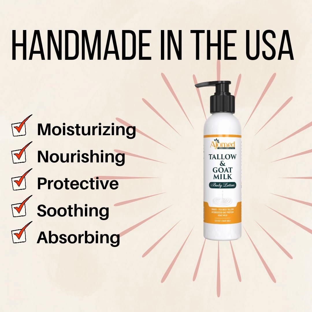 Grass Fed Beef Tallow & Goat Milk Body Lotion for Sensitive Skin, Organic Tallow Lotion - Soothes Dry Patches, Goat Milk Moisturizer - Handmade Tallow Body Lotion (Oatmeal & Honey, 8 Oz)