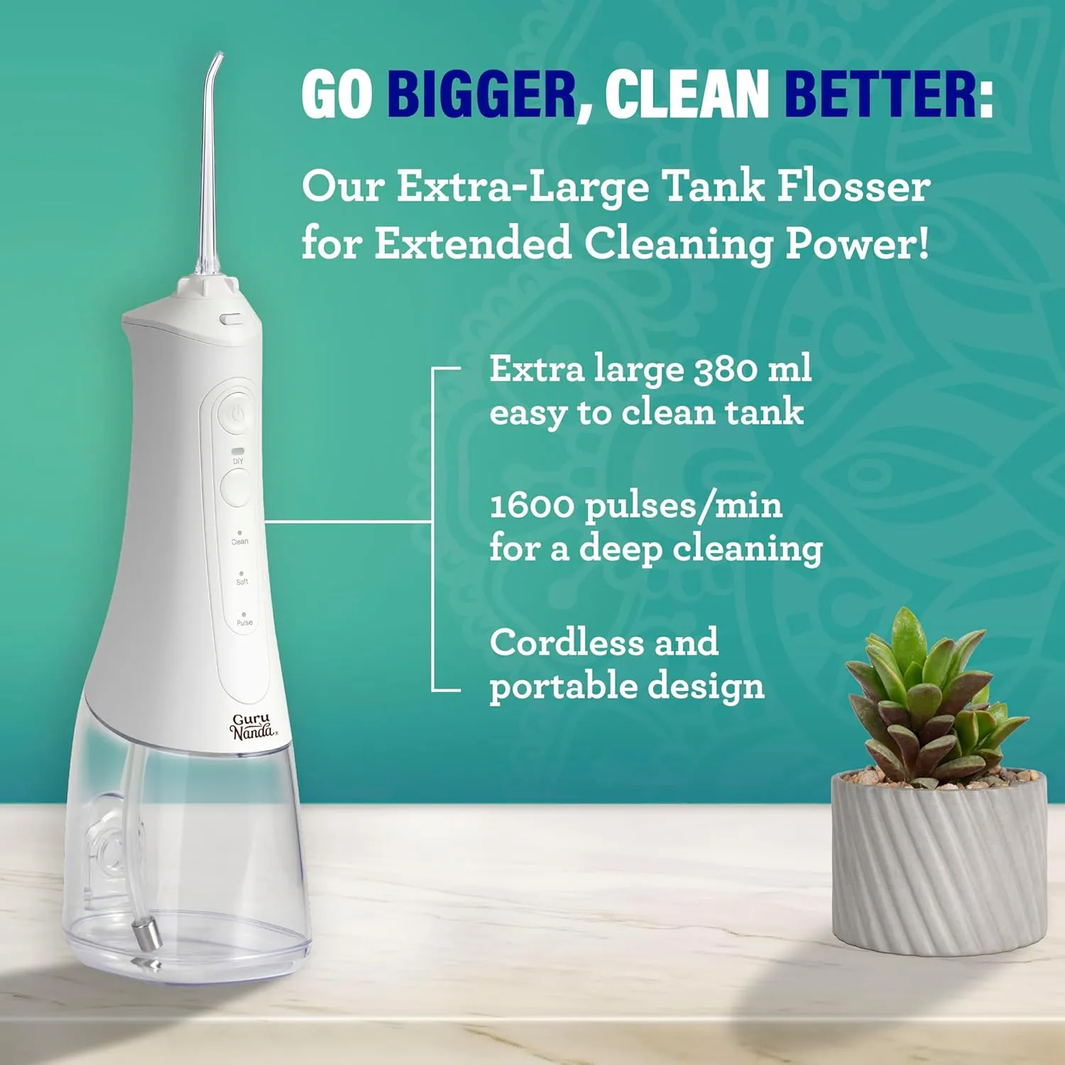 GuruNanda Water Dental Flosser 2.0 XL – 380ML Large Tank, 4 Flossing Modes, Cordless & Portable with Smart Timer for Deep Cleaning & Happy Gums - White