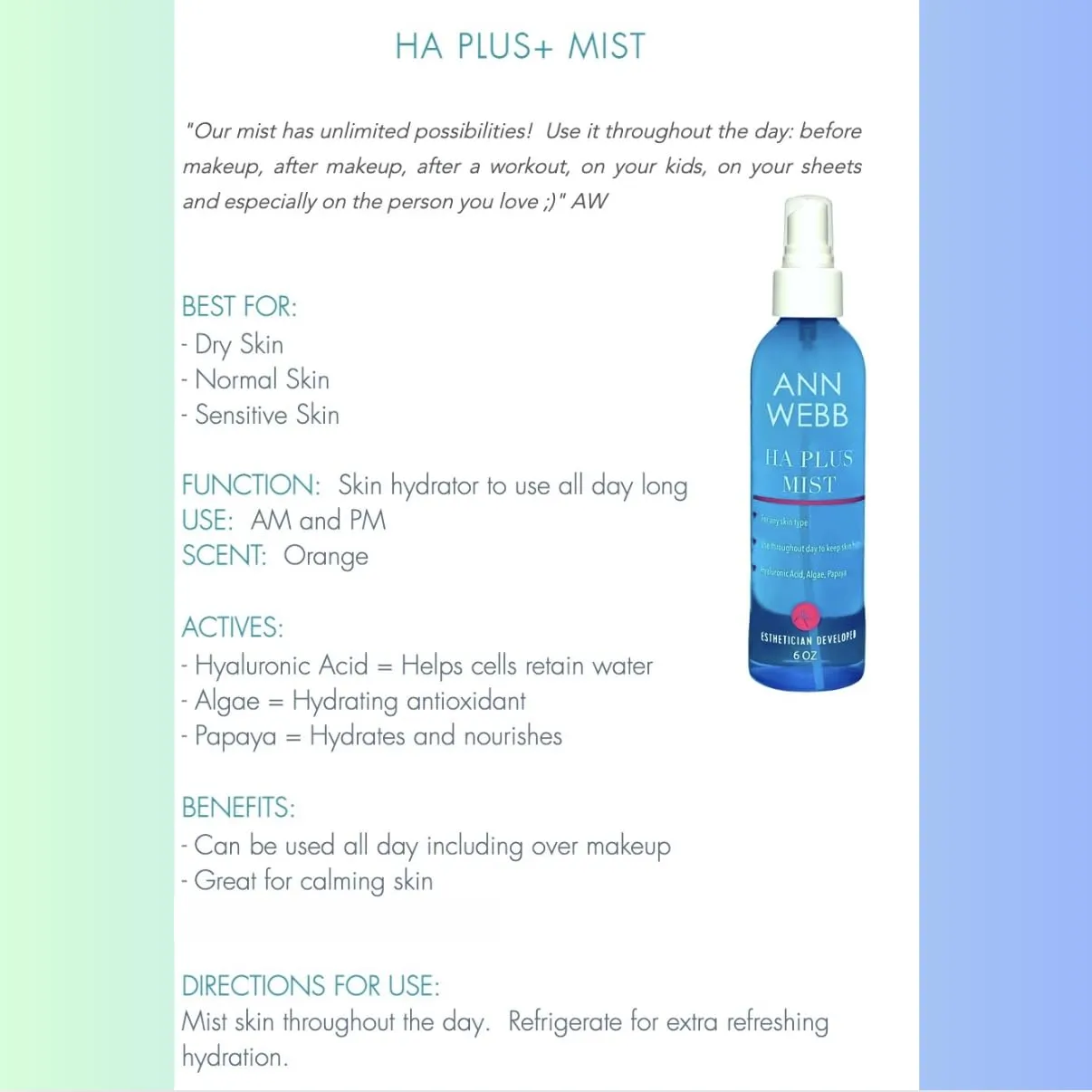HA Plus Mist - Facial Mist, Hydrating & Nourishing Spray for calming skin, moisturizing, setting makeup, refreshes & hydrates face - Non-greasy, Soothing Skin Spritzer 16oz